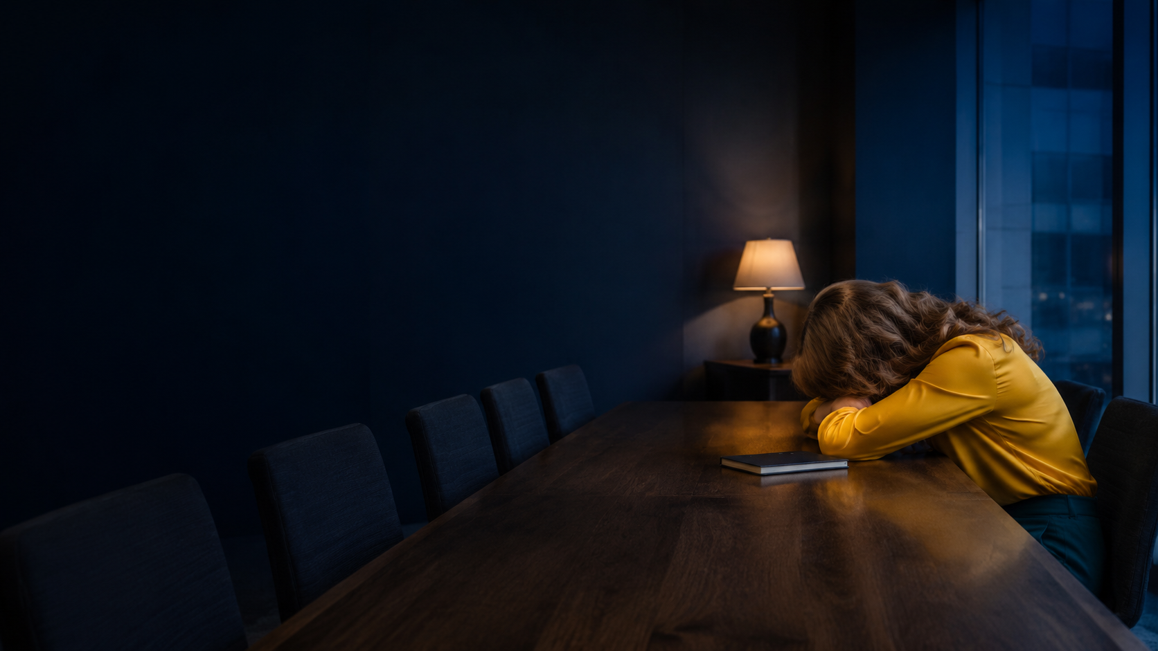 Susan Hovey, Founder of SMASH Marketing & Success Coaching sitting with head on table looking hopeless and despondent