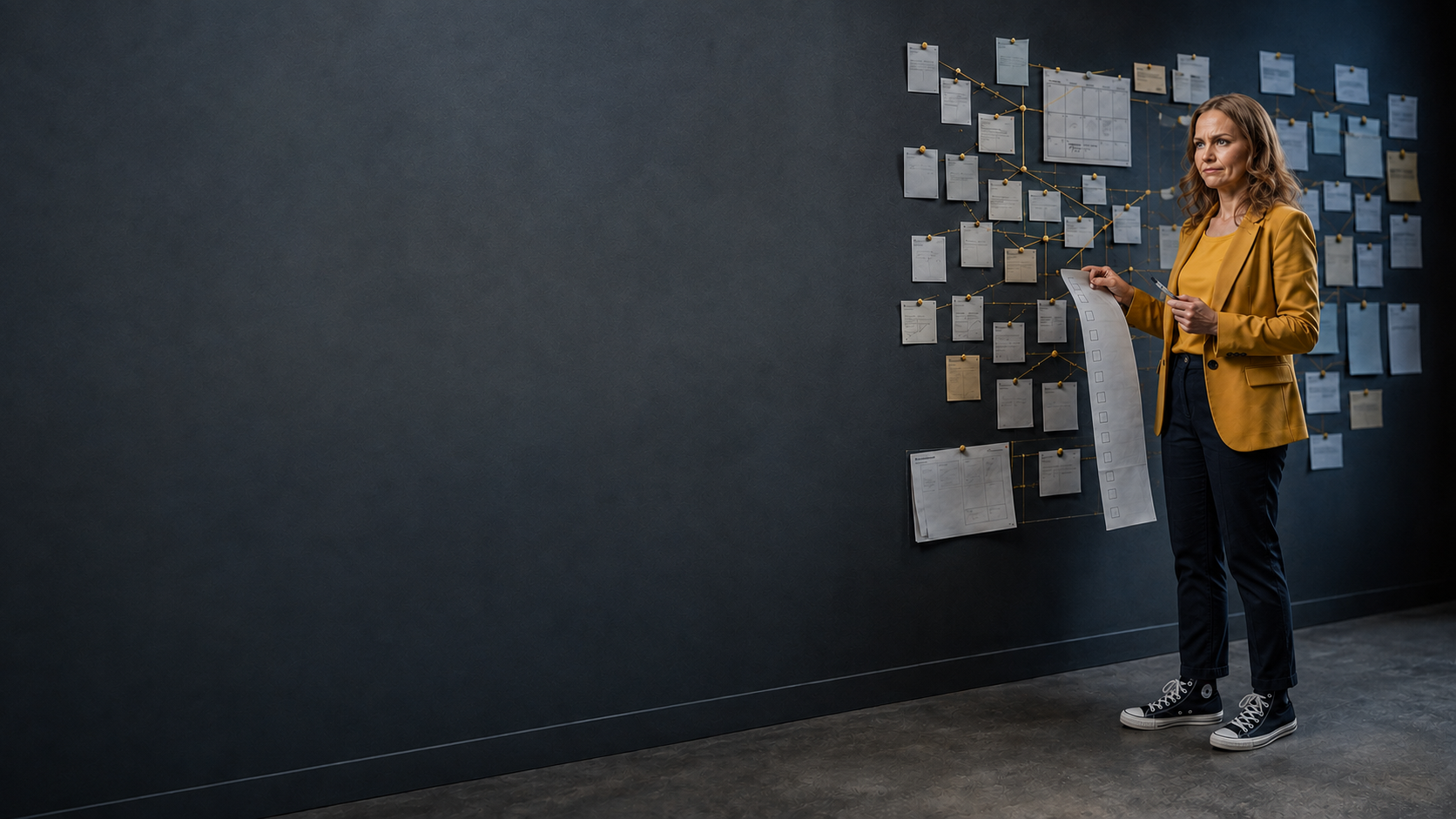 Susan Hovey, Founder of SMASH Marketing & Success Coaching looking discouraged and overwhelmed in front of many post its and notes tacked on a wall in front of her and an endless list of to-dos