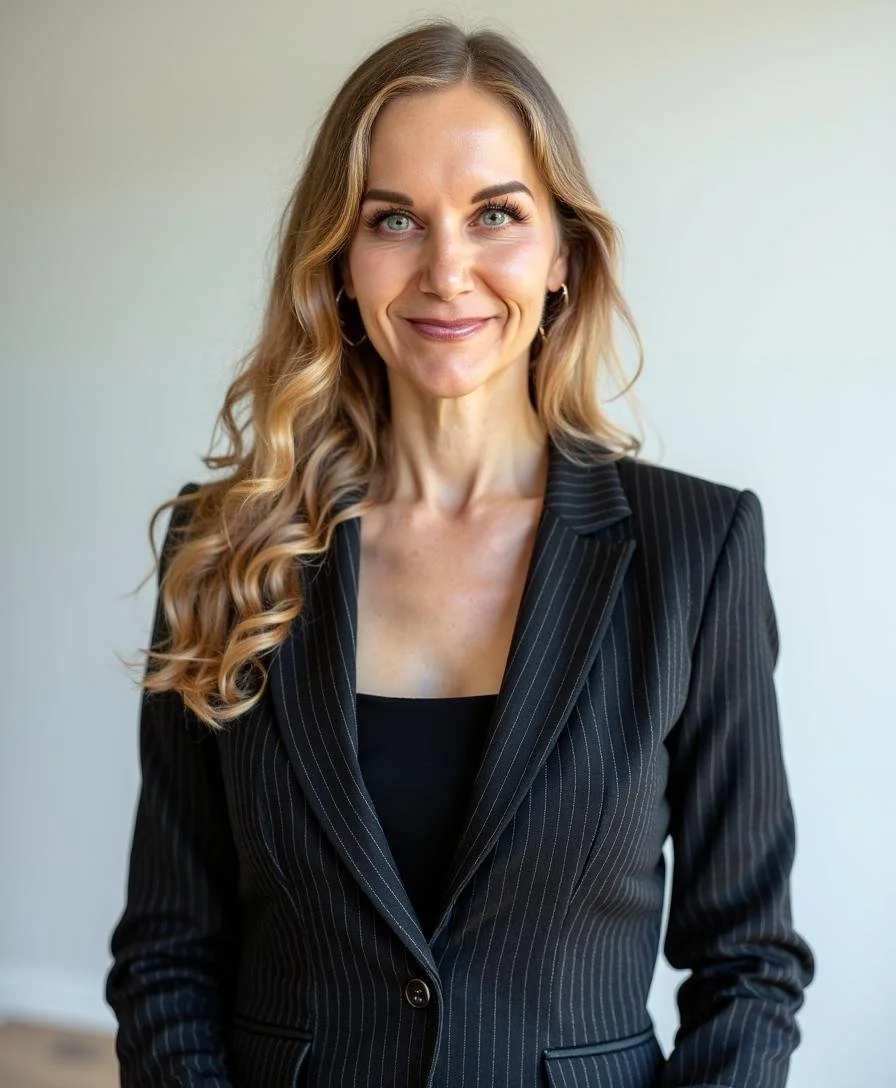 Susan Hovey, the Founder of SMASH Marketing & Success Coaching, she is a professional woman with long blonde curly hair wearing a black pinstripe blazer and smiling at the camera.