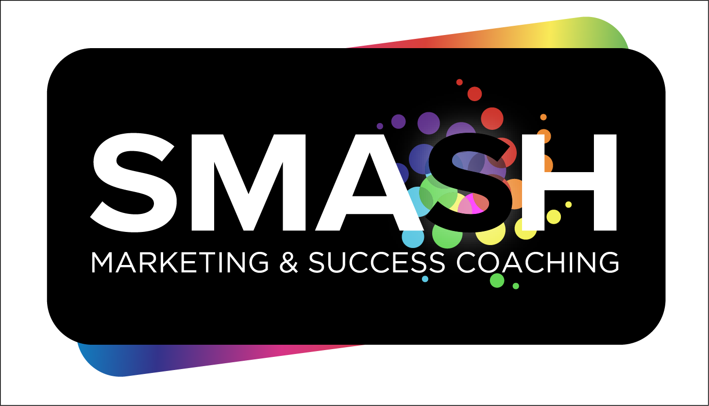 SMASH Marketing & Success Coaching logo black rounded rectangle with rainbow background splash