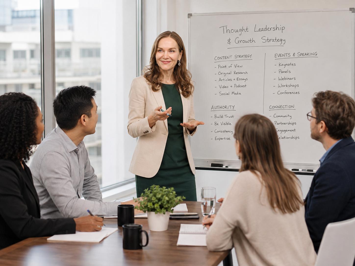 Founder of SMASH Marketing & Success Coaching, Susan Hovey, giving a presentation to a diverse group of leaders in their modern office conference room.