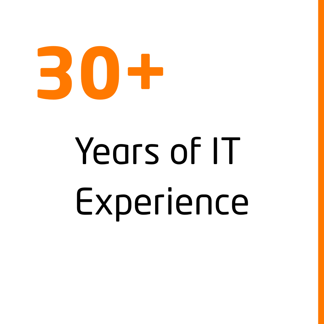 Text stating '30+ Years of IT Experience' with '30+' in large orange font and the rest in black
