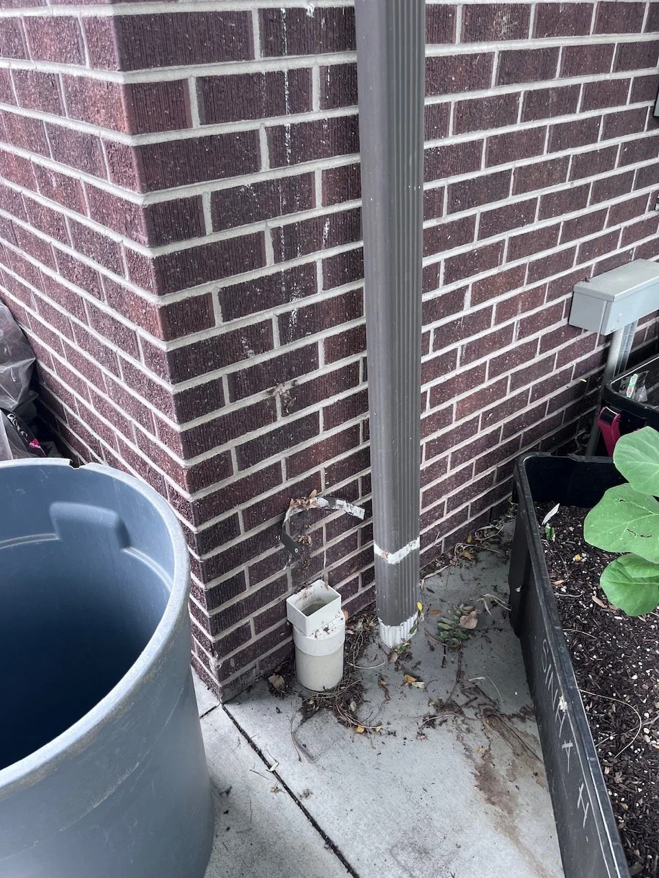 A 2×3-inch downspout temporarily disconnected to protect the underground drain during gutter cleaning.