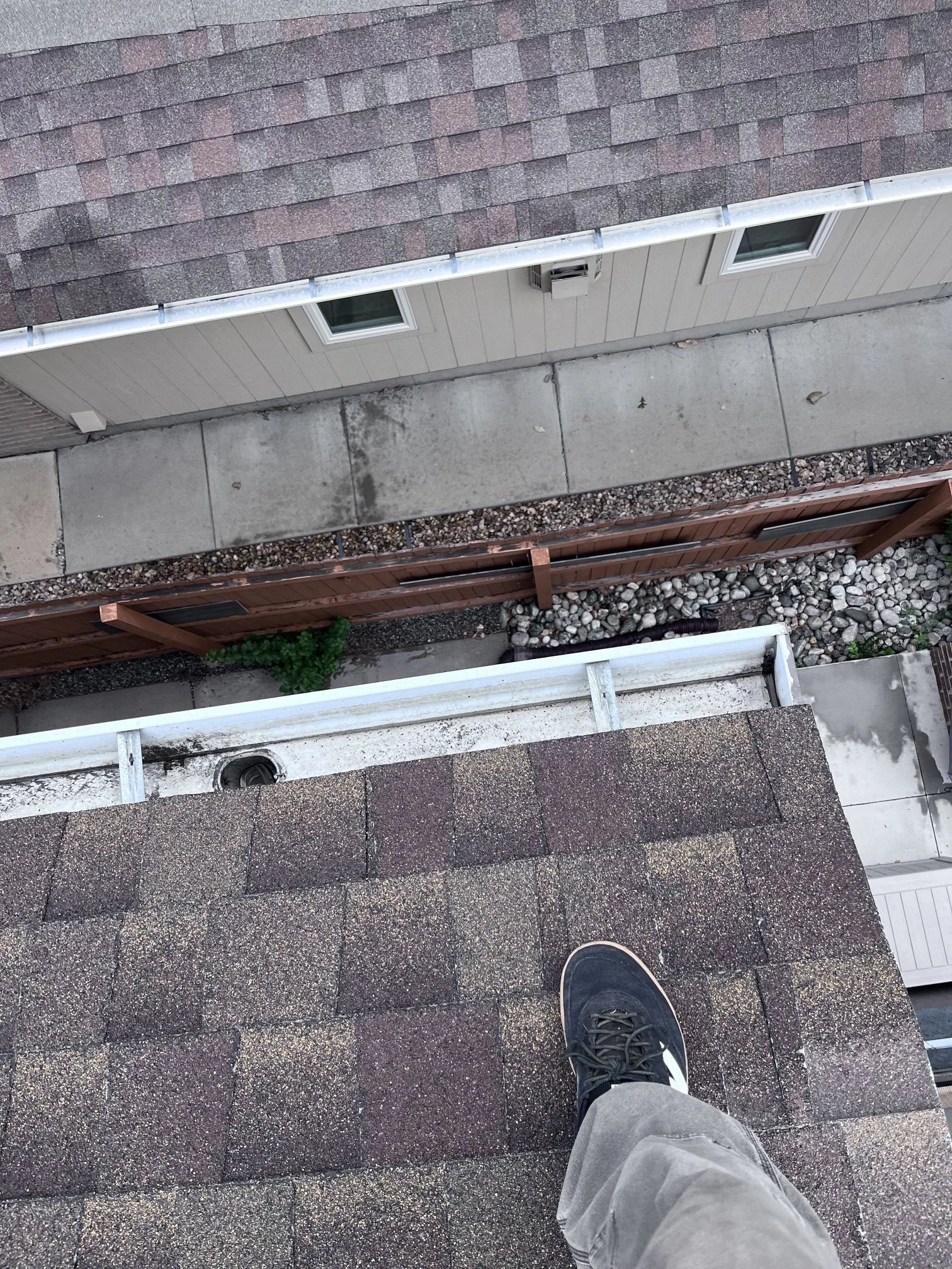 Clean gutter channel and cleared outlets after professional gutter cleaning at a Denver home.