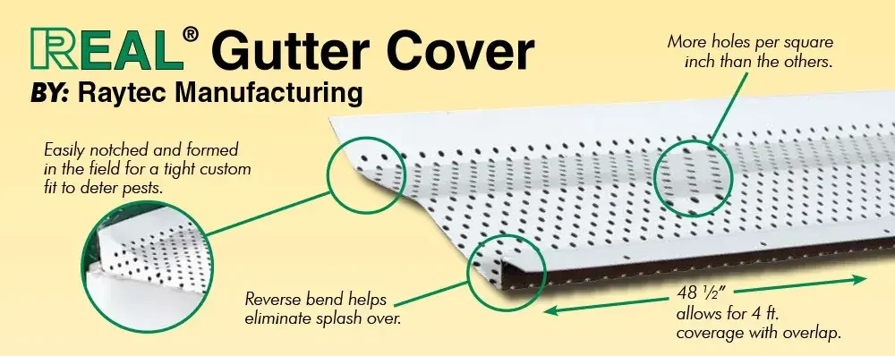 A promotional display for a gutter cover made by Raytec Manufacturing, featuring close-up views of the cover's small holes, reverse bend edge, and corner, with labeled benefits like more holes per square inch and a 48 ½ inch length for overlapping coverage.
