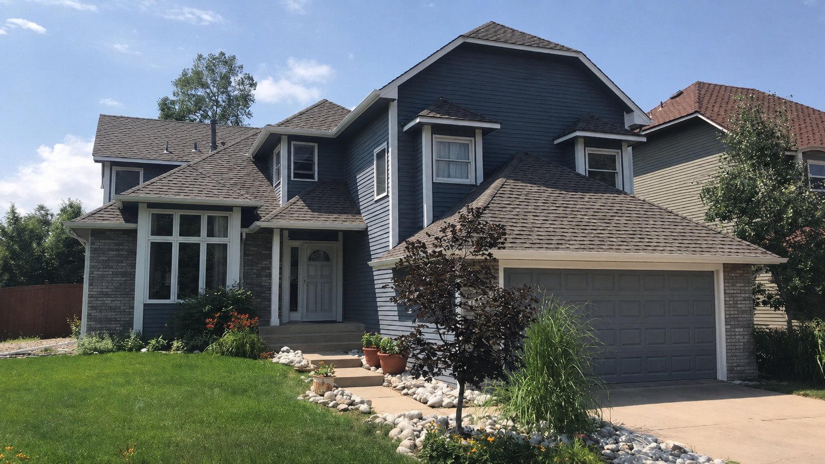 Seamless gutters and downspouts installed on a two-story home with stone accents and an attached garage.
