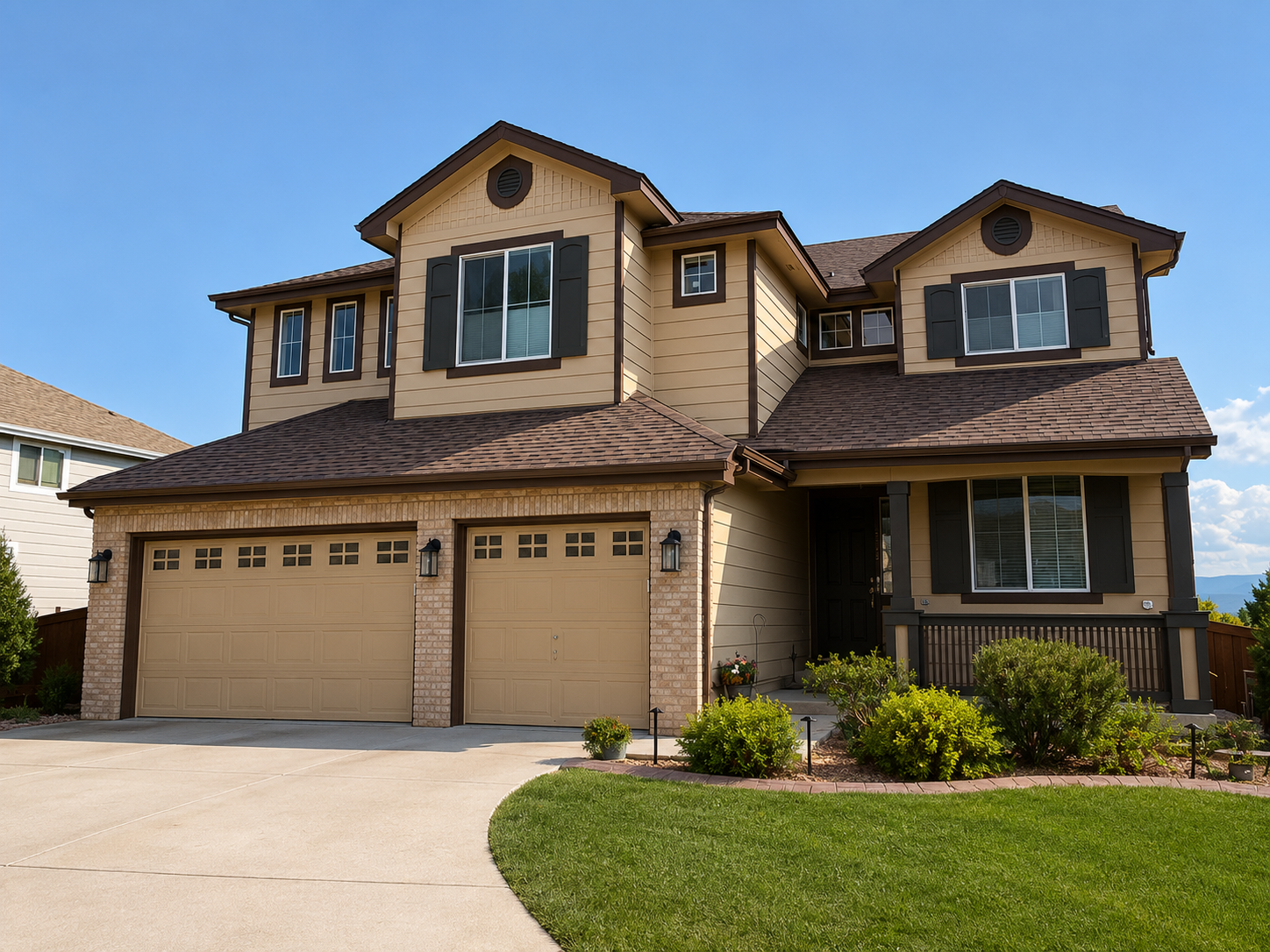 New gutters and downspouts installed across the garage, entry, and upper rooflines of a custom home.