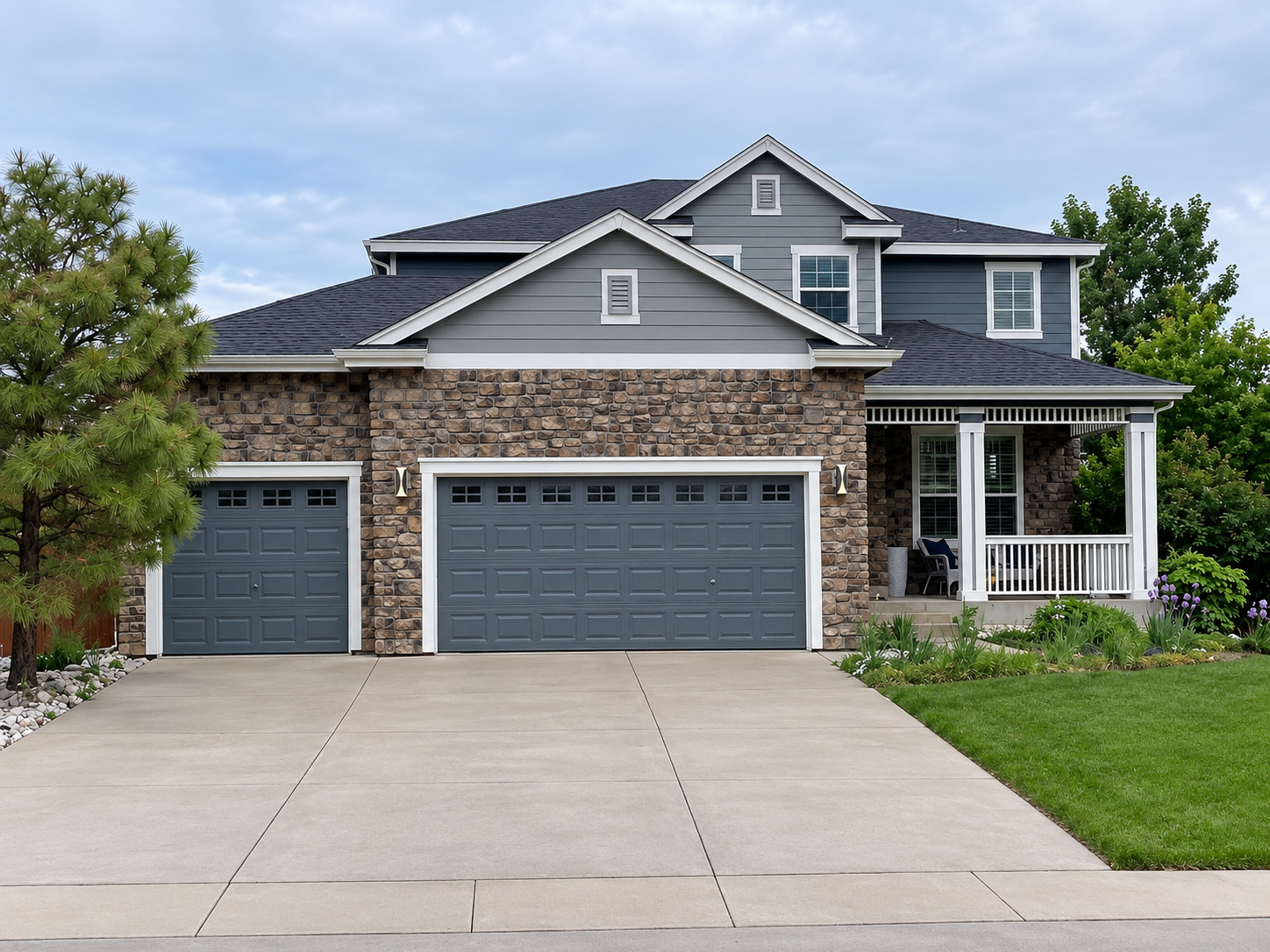 Gray home with stone accents, white seamless gutters, and an attached three-car garage.