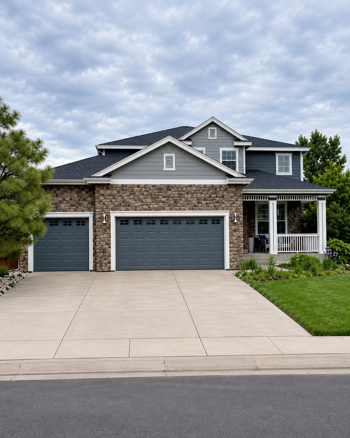 Gray two-story home with white seamless gutters, downspouts, and a three-car garage.