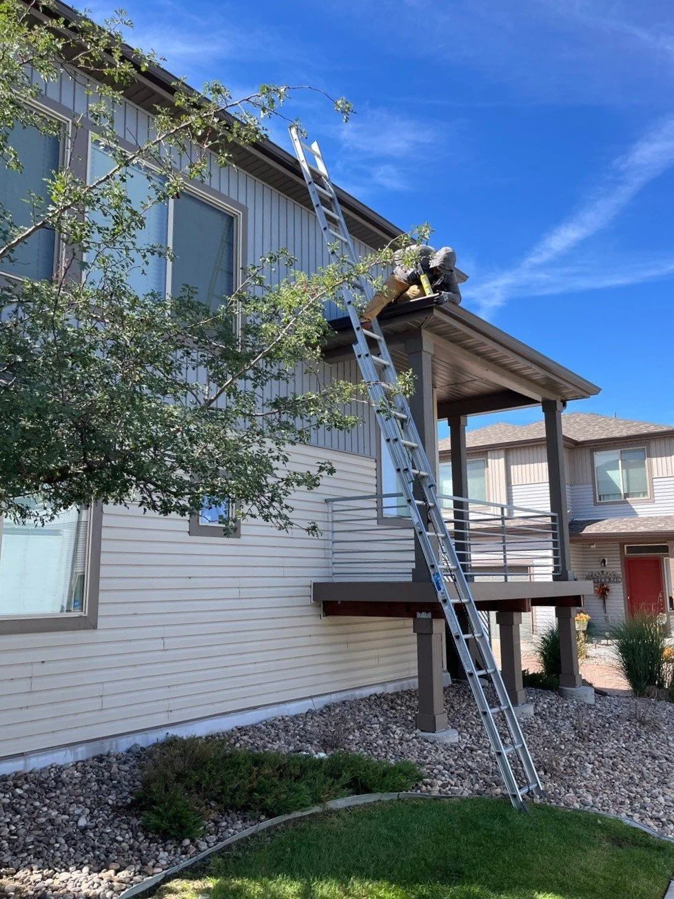 Seamless gutters and downspouts installed on the rear exterior of a light-sided home.