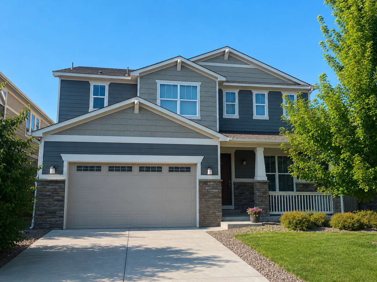 White seamless gutters and downspouts installed across the front rooflines of a two-story home.