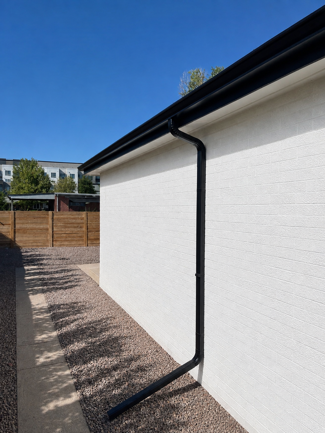 Black seamless gutter system installed along the side of a home in Aurora’s Jewell Heights–Hoffman Heights neighborhood.