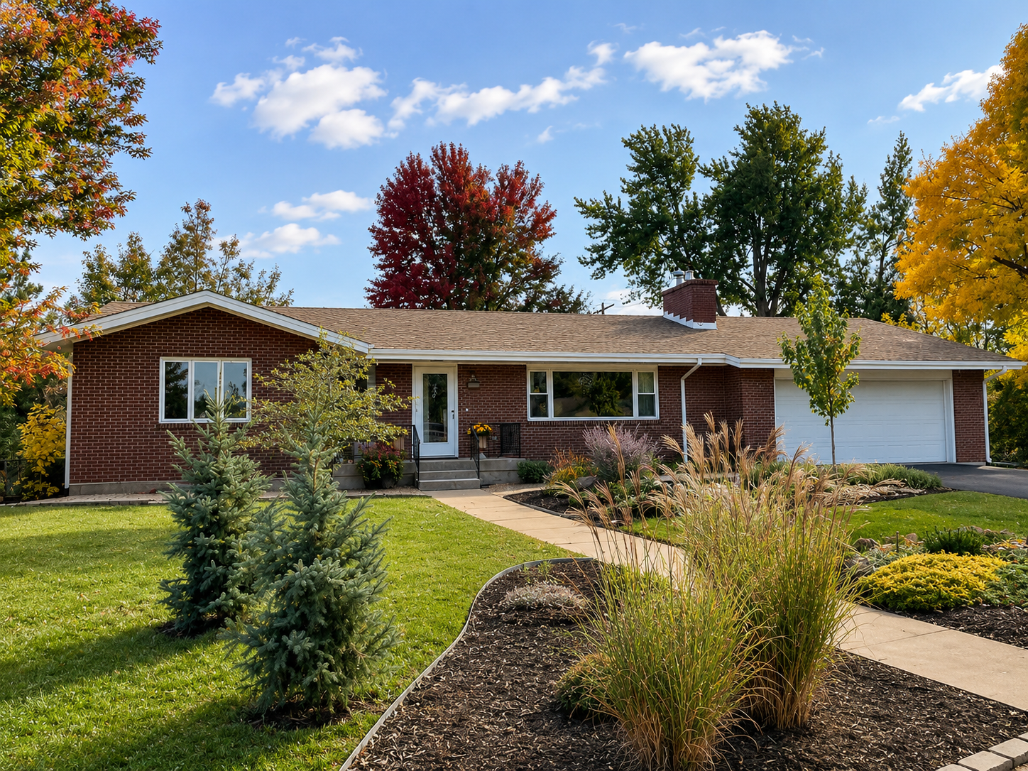 Single-story brick home with seamless gutters, a landscaped front yard, and mature trees.