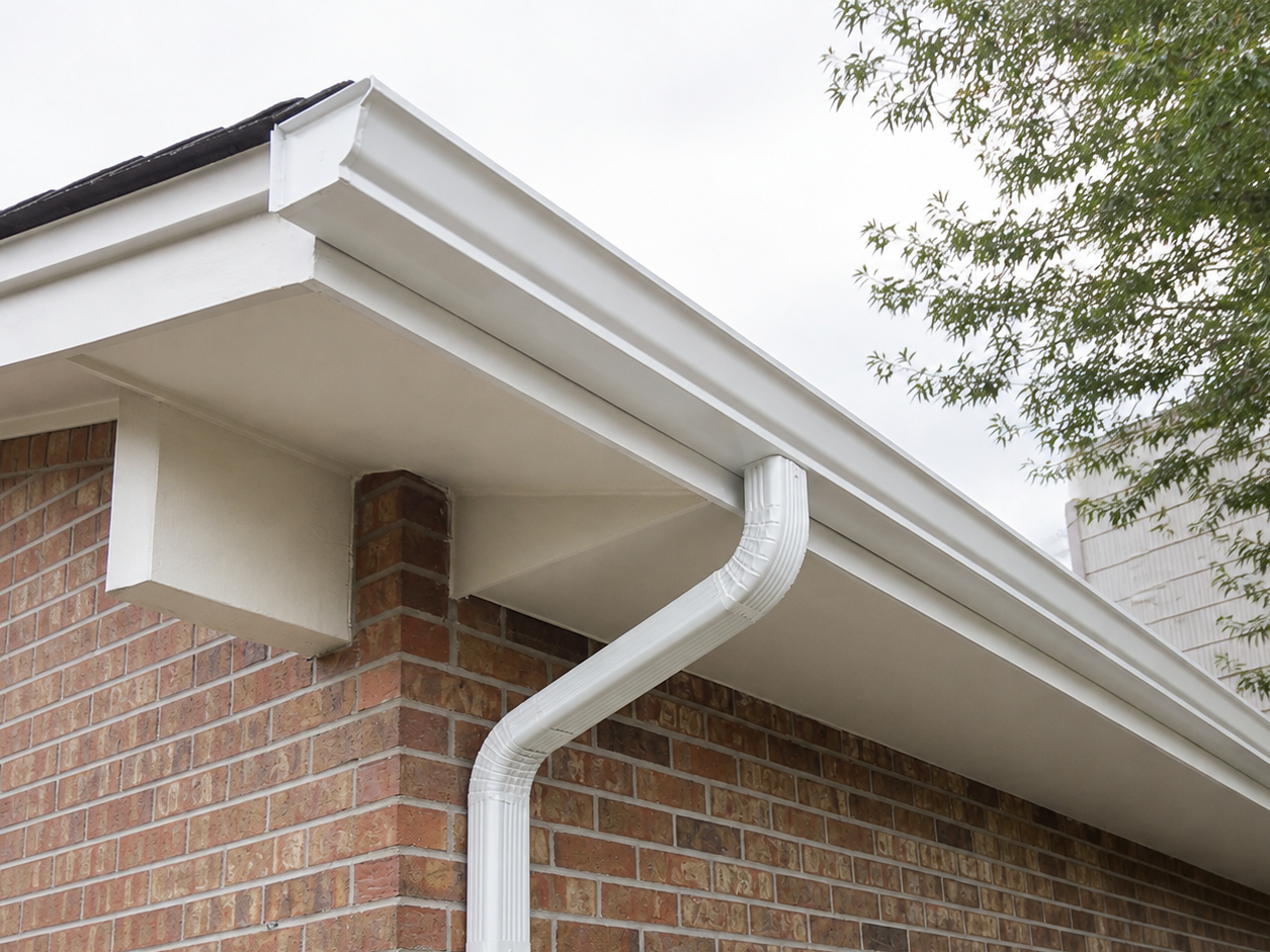 Close-up of a seamless gutter and downspout system installed at the corner of a brick home.