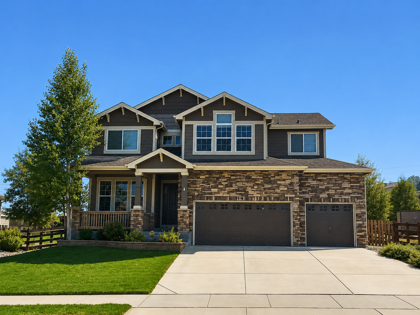 Two-story home with a stone exterior, attached three-car garage, and seamless gutters in the Denver Metro area.