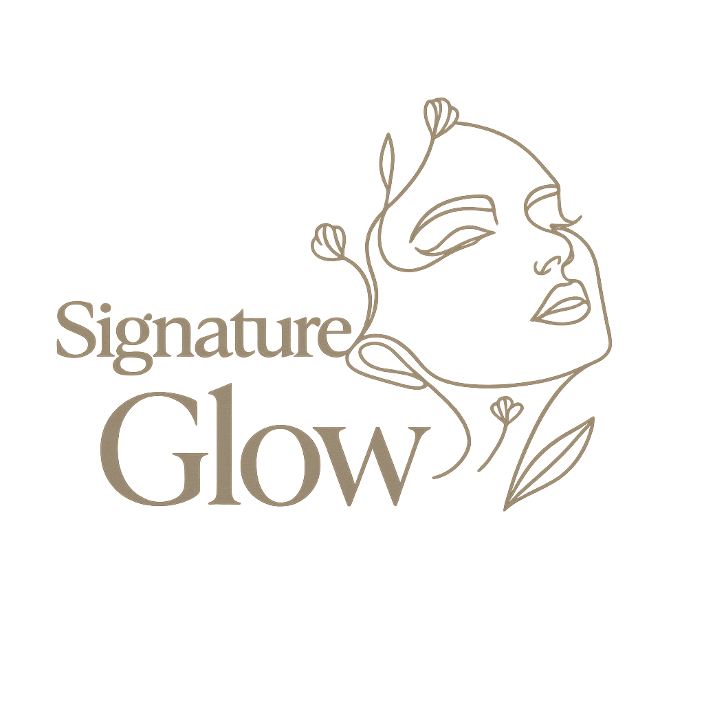 Logo with a line drawing of a woman's face with closed eyes, floral accents, and the words 'Signature Glow' in stylized text.