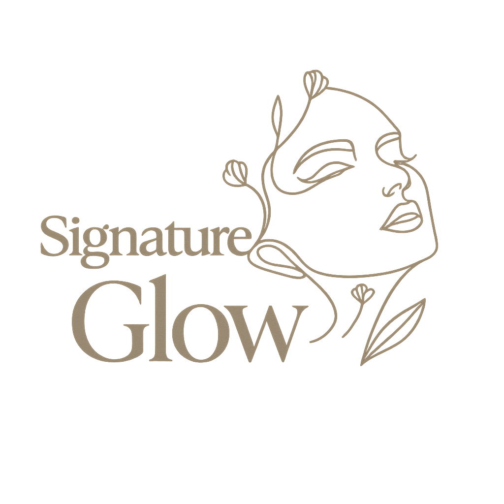 Logo with a minimalist line drawing of a woman's face and floral accents, accompanied by the text 'Signature Glow'.