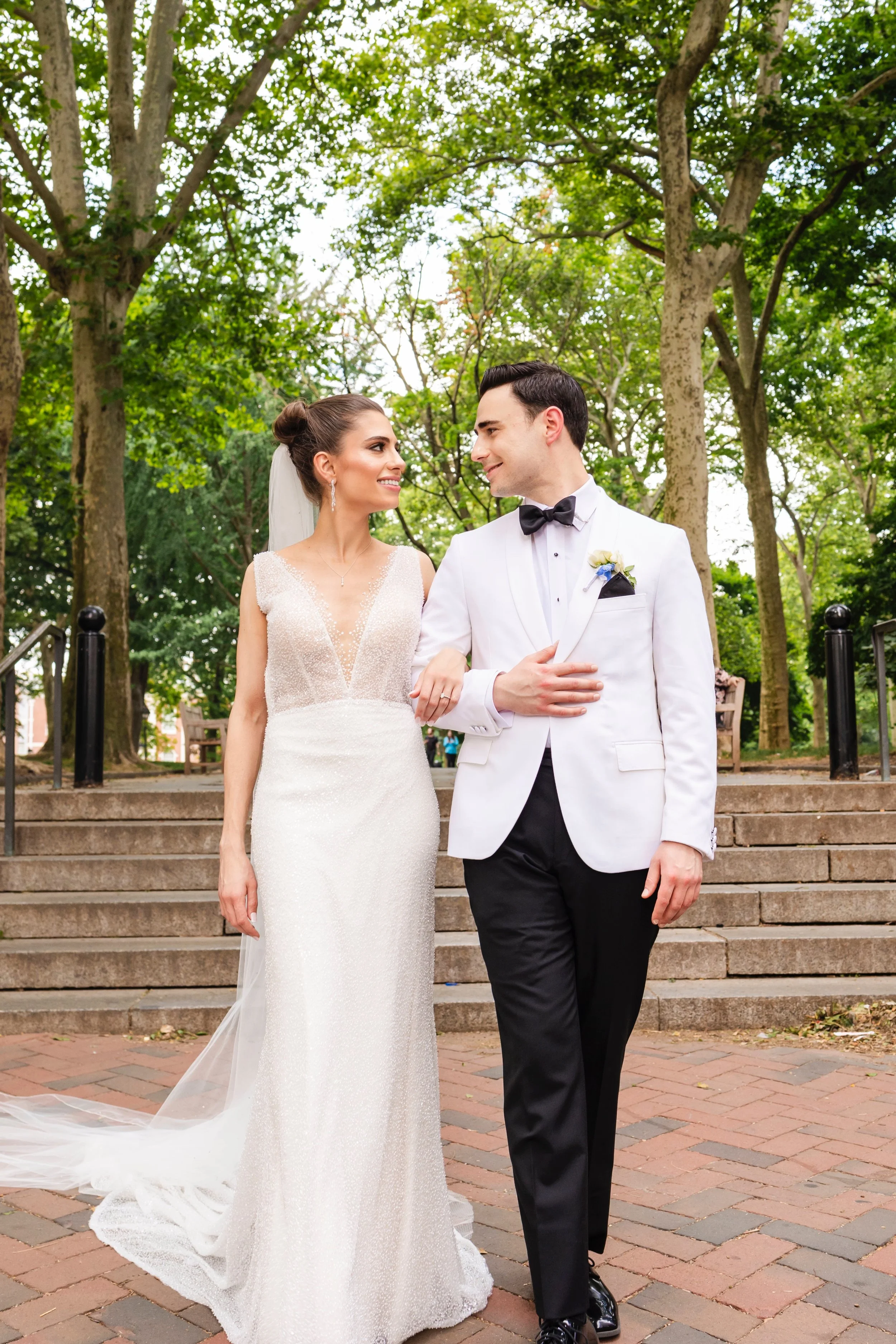 Bride and groom looking at each other