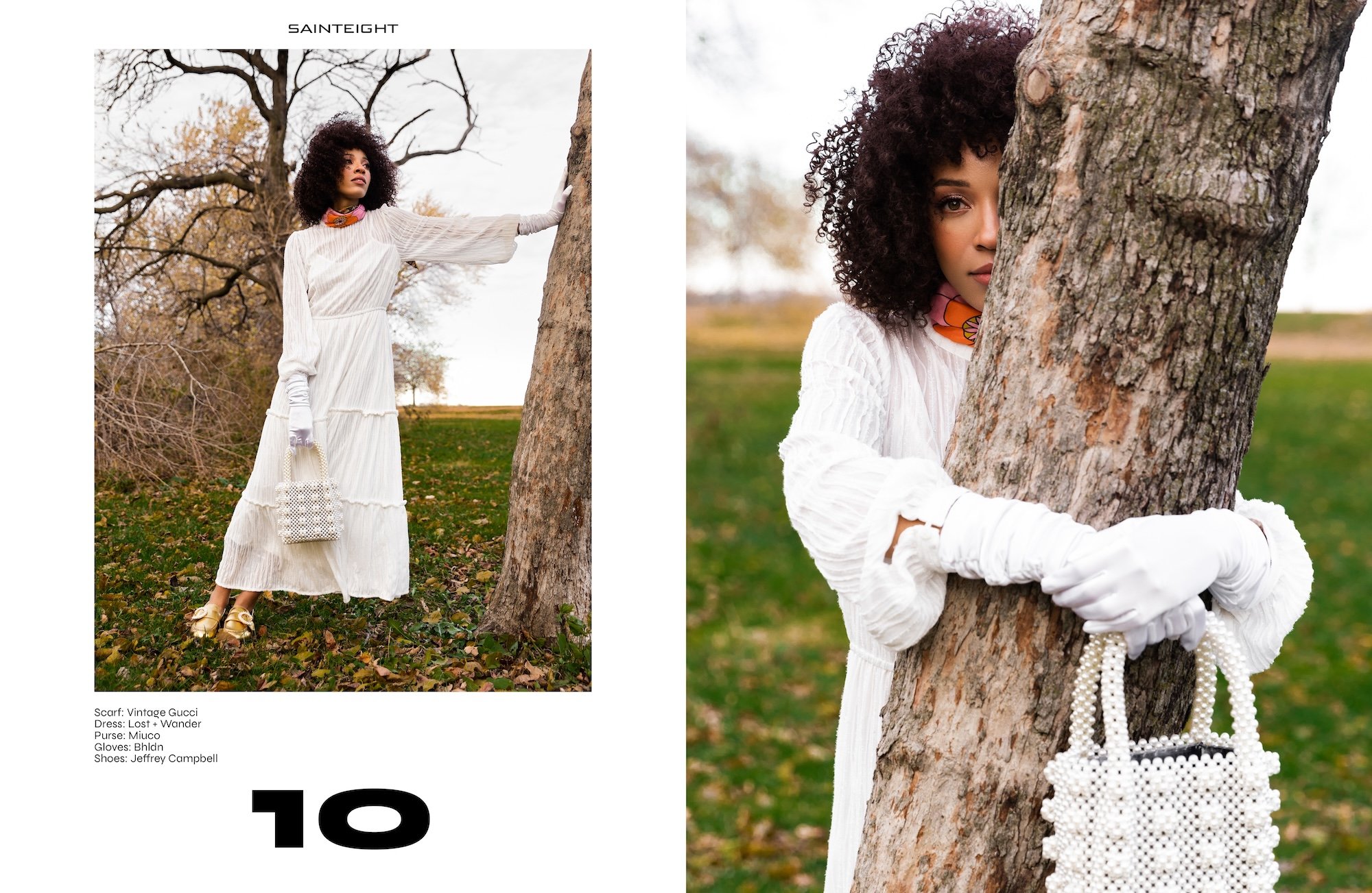 Fashion magazine page features a woman with curly hair, dressed in a white vintage Gucci dress, holding a pearl handbag, standing outdoors with autumn trees and fallen leaves. The right side shows a close-up of her peeking from behind a tree, also wearing white gloves and holding the same pearl handbag.