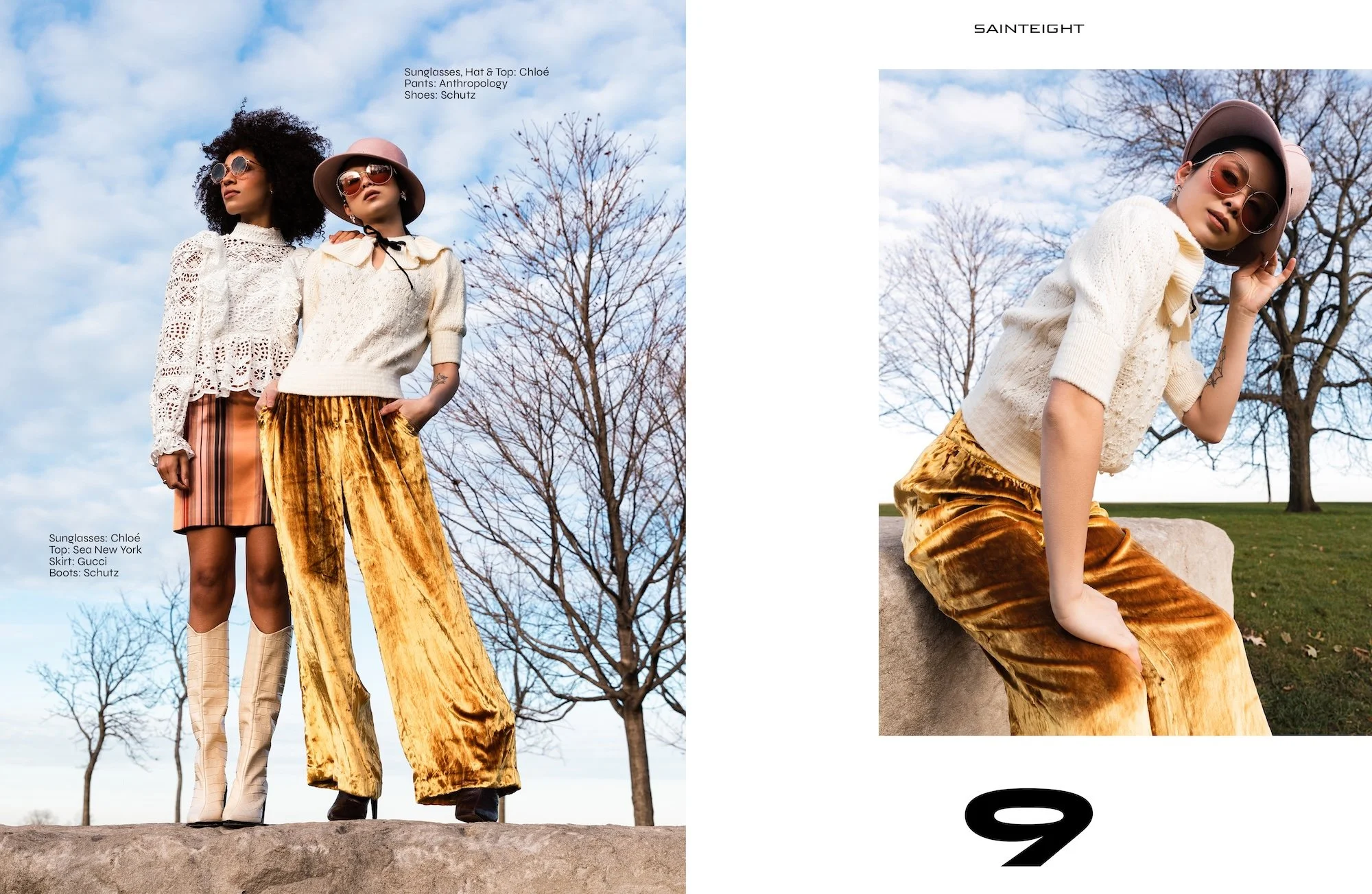 Fashion photography featuring two models wearing stylish outfits with a background of leafless trees and a partly cloudy sky, split into two panels. The left panel shows two women standing outdoors in fashionable clothing, with one in striped skirt and tall boots, and the other in velvet pants and a sweater. The right panel shows a woman sitting on a stone, wearing velvet pants, a white knit top, and a pink hat, with a large tree in the background.