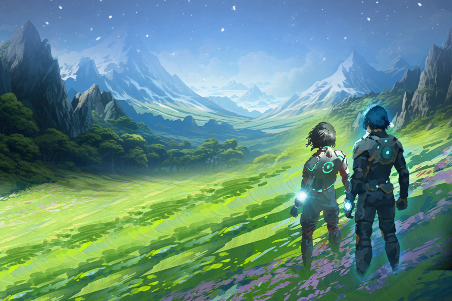 Two characters in futuristic suits walk together on a grassy mountain path, overlooking a valley with lush trees and snow-capped mountains under a clear blue sky.