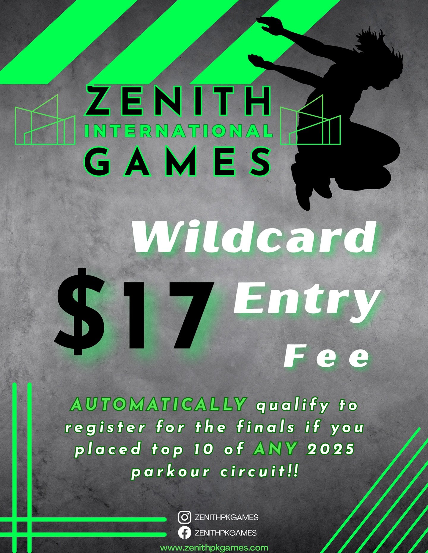 🚨Wildcard Entry is NOW OPEN for the Zenith International Parkour Games!🚨
📍 Waterfront Park | 📅 July 26&ndash;27
💥 Only $17 to join
🎟️ Placed Top 10 in ANY 2025 Parkour Circuit?
You automatically qualify to register for FINALS!
This is your wild