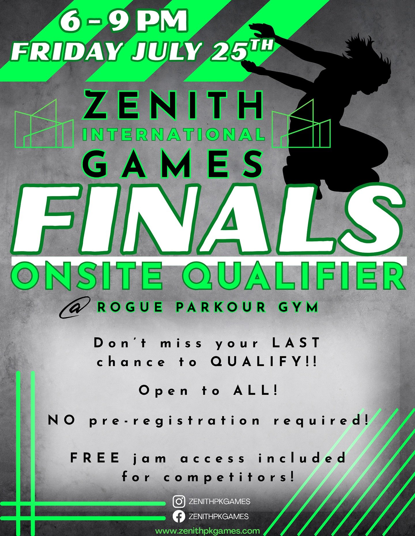 🏆 ZIG Finals Weekend is HERE!
 📍 Rogue Parkour &amp; Waterfront Park
 🎉 Friday 6&ndash;9 PM: Jam Night**+ Onsite Qualifier
 🗓️ Full weekend of competition: Freestyle, Skills, Speed
 🚫 No regular classes Sat or Sun
 Come compete or spectate! 🔥
*