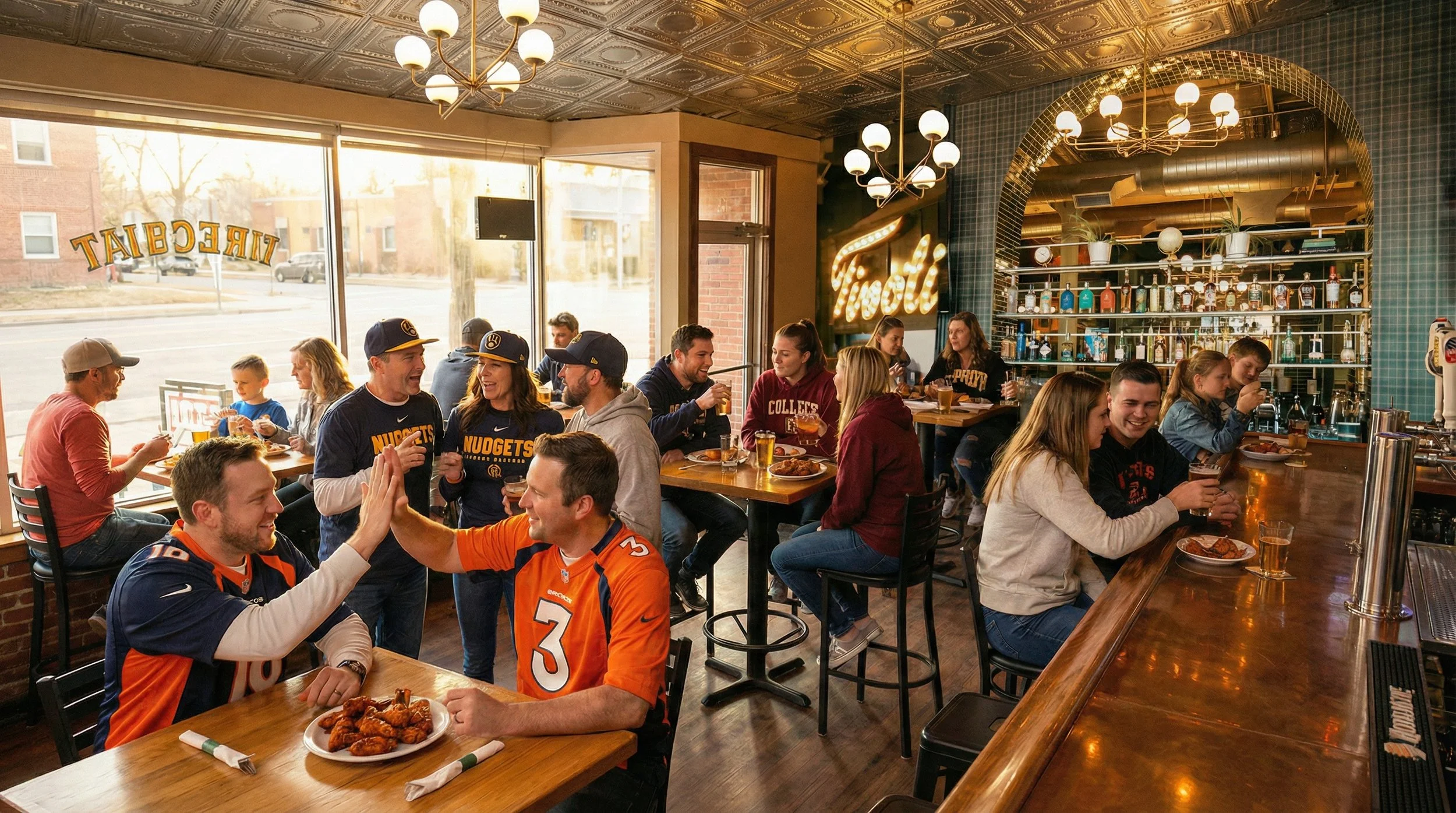 People gathered in a lively bar, some wearing sports jerseys, enjoying food and drinks, watching a game, and engaging with each other.