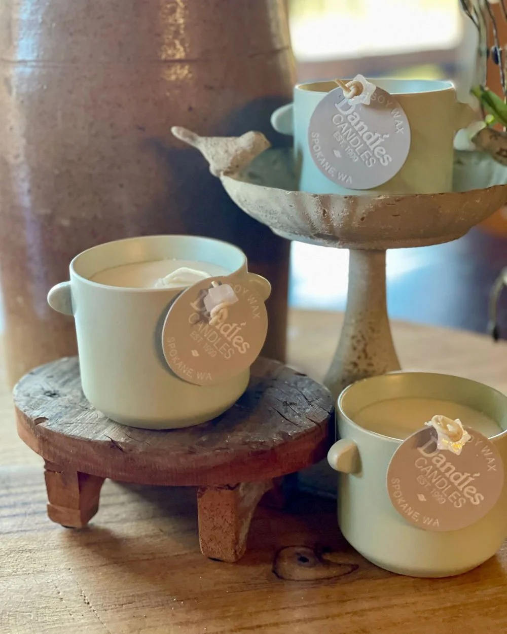 Light blue ceramic candles at Good Finds by Dandles in Spokane Valley