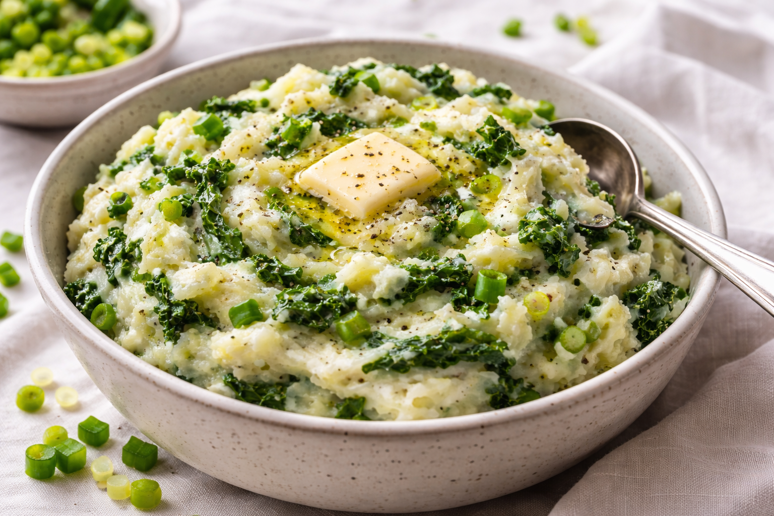 Bowl of mashed potatoes mixed with chopped kale and green onions, topped with a pat of butter and black pepper.