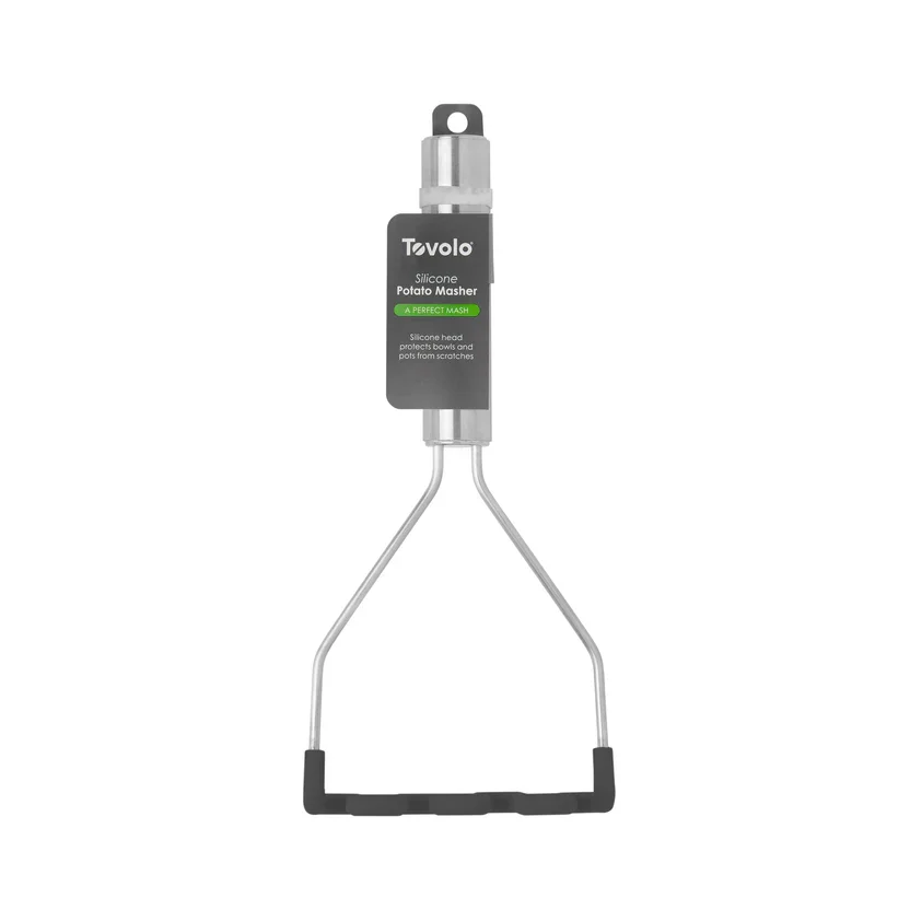 Silicone potato masher with black handle and gray metal frame, labeled 'Tovolo'