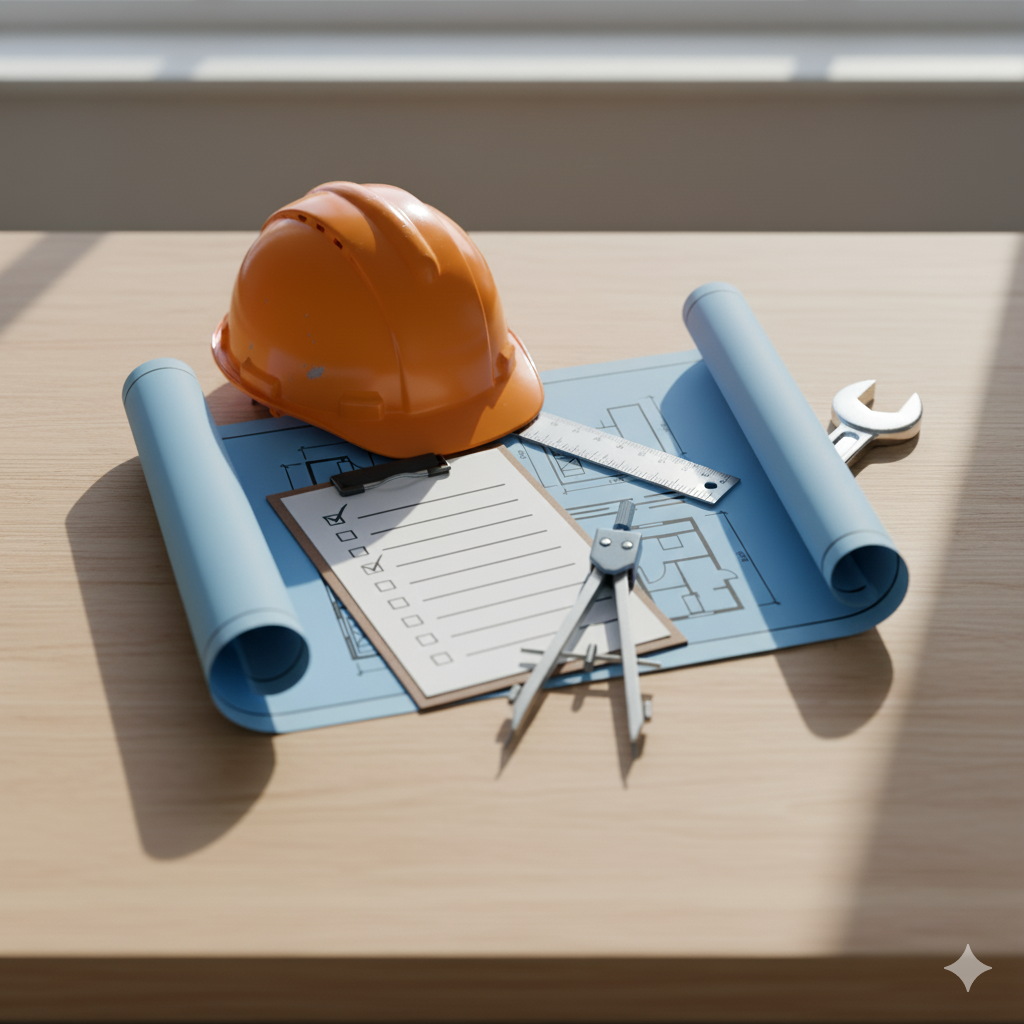 Blueprint with tools and checklist
