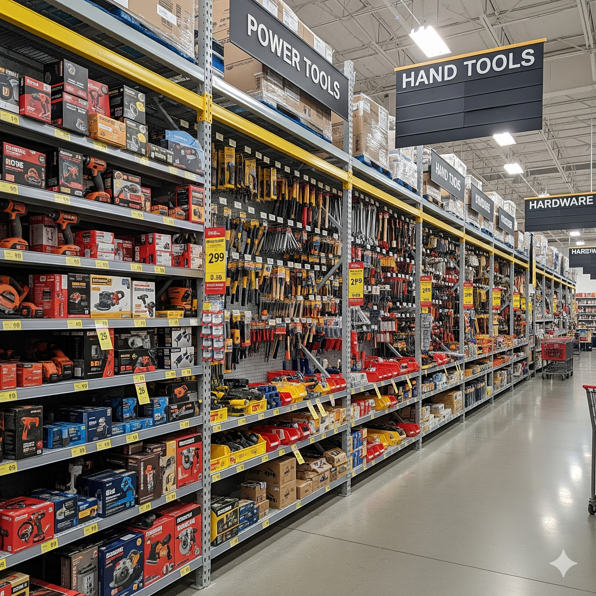 Aisle in a hardware store with shelves labeled Power Tools, Hand Tools, and Hardware, stocked with various power tools, hand tools, and hardware items.