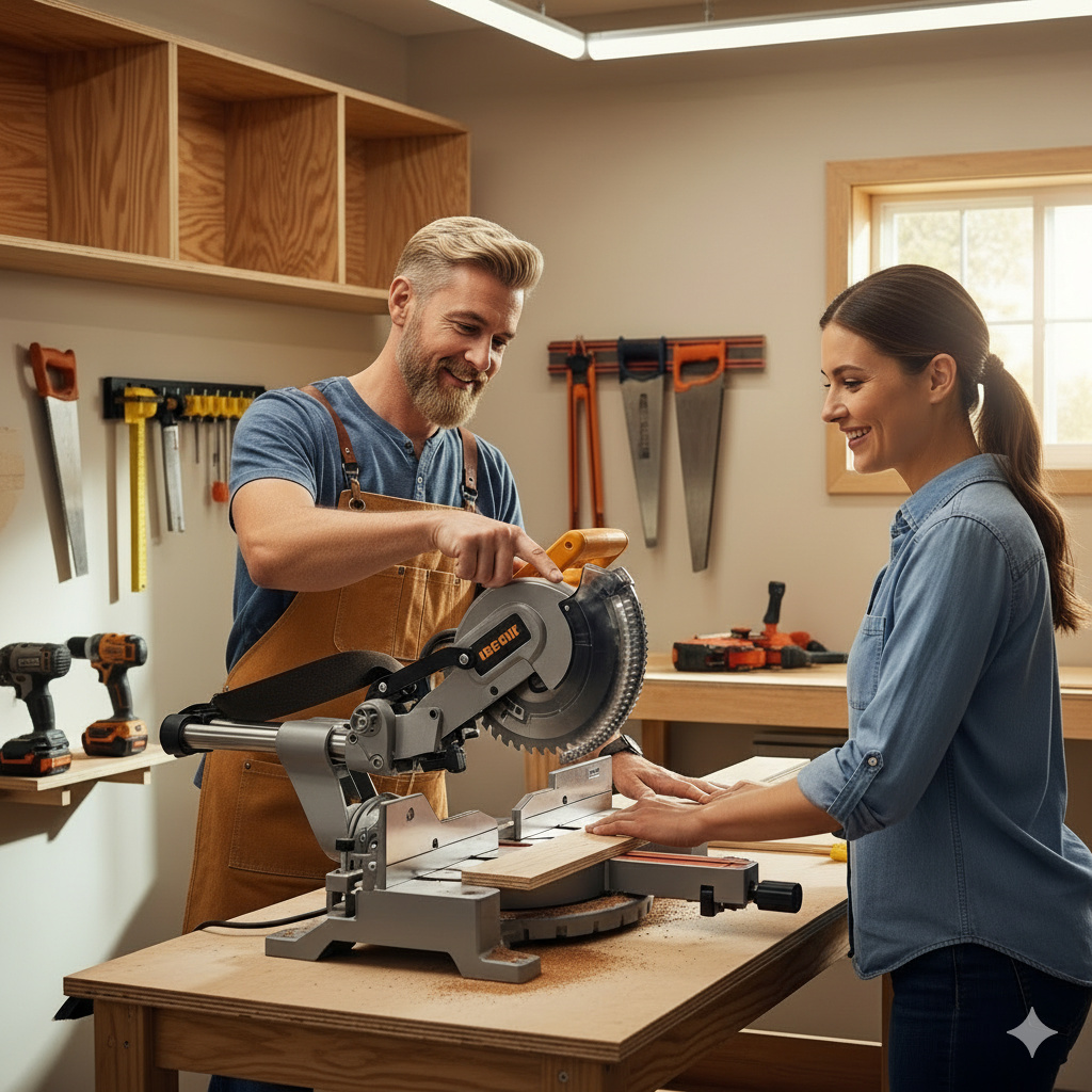 Person pointing to miter saw