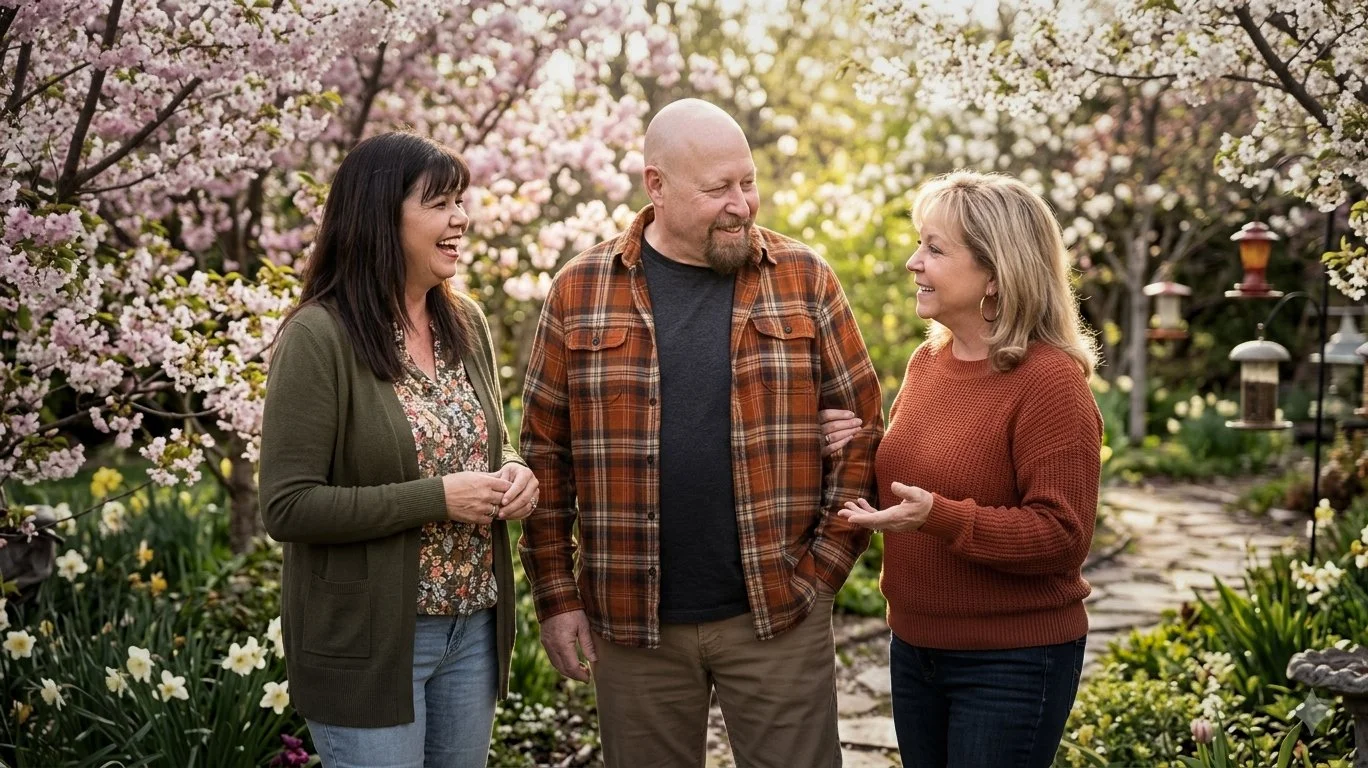 Three adults, two women and one man, enjoying a conversation outdoors in front of blooming cherry blossom trees.