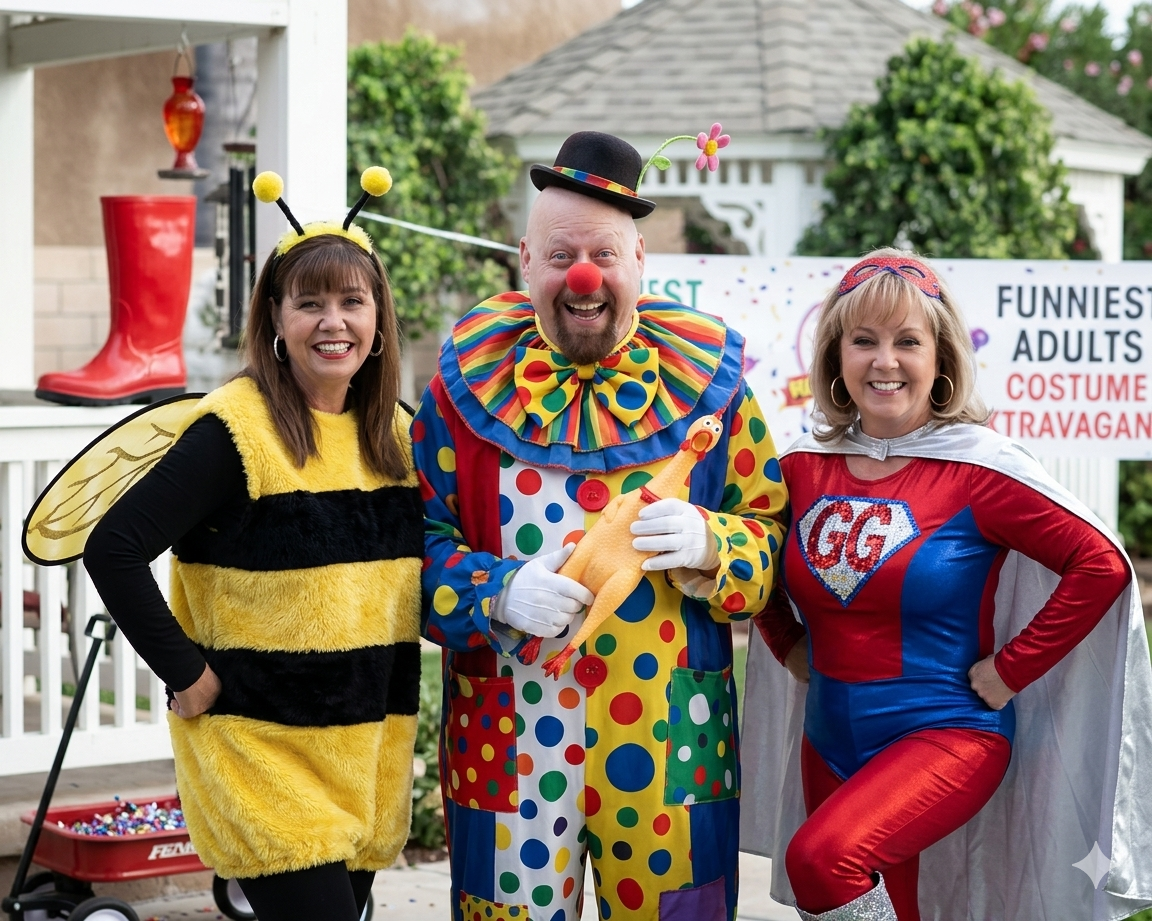 Three adults dressed in colorful costumes at a backyard party. One is dressed as a bee, another as a clown, and the third as a superhero with an 'CG' emblem on the costume. They are smiling and standing in front of a sign that reads 'Funniest Adults 