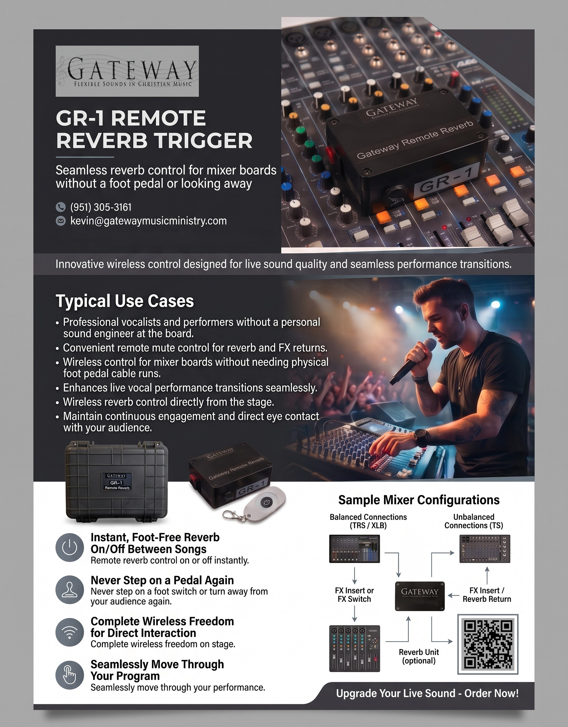 Advertisement for Gateway software and hardware for live sound control, featuring a remote reverberation trigger device, a mixer, and a performer singing on stage.