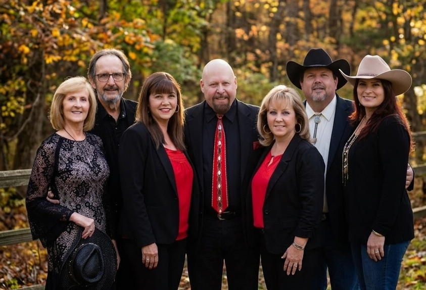 Group of seven people standing outdoors in fall foliage, dressed in semi-formal attire with some wearing cowboy hats.