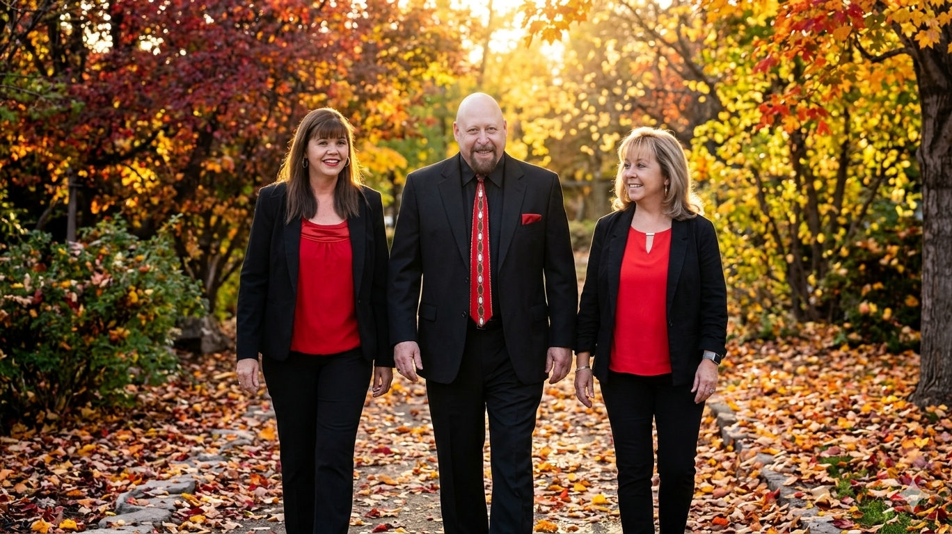 Three people, two women and one man, walking together in a park during autumn, surrounded by colorful fallen leaves and orange foliage, all dressed in black blazers and red tops.