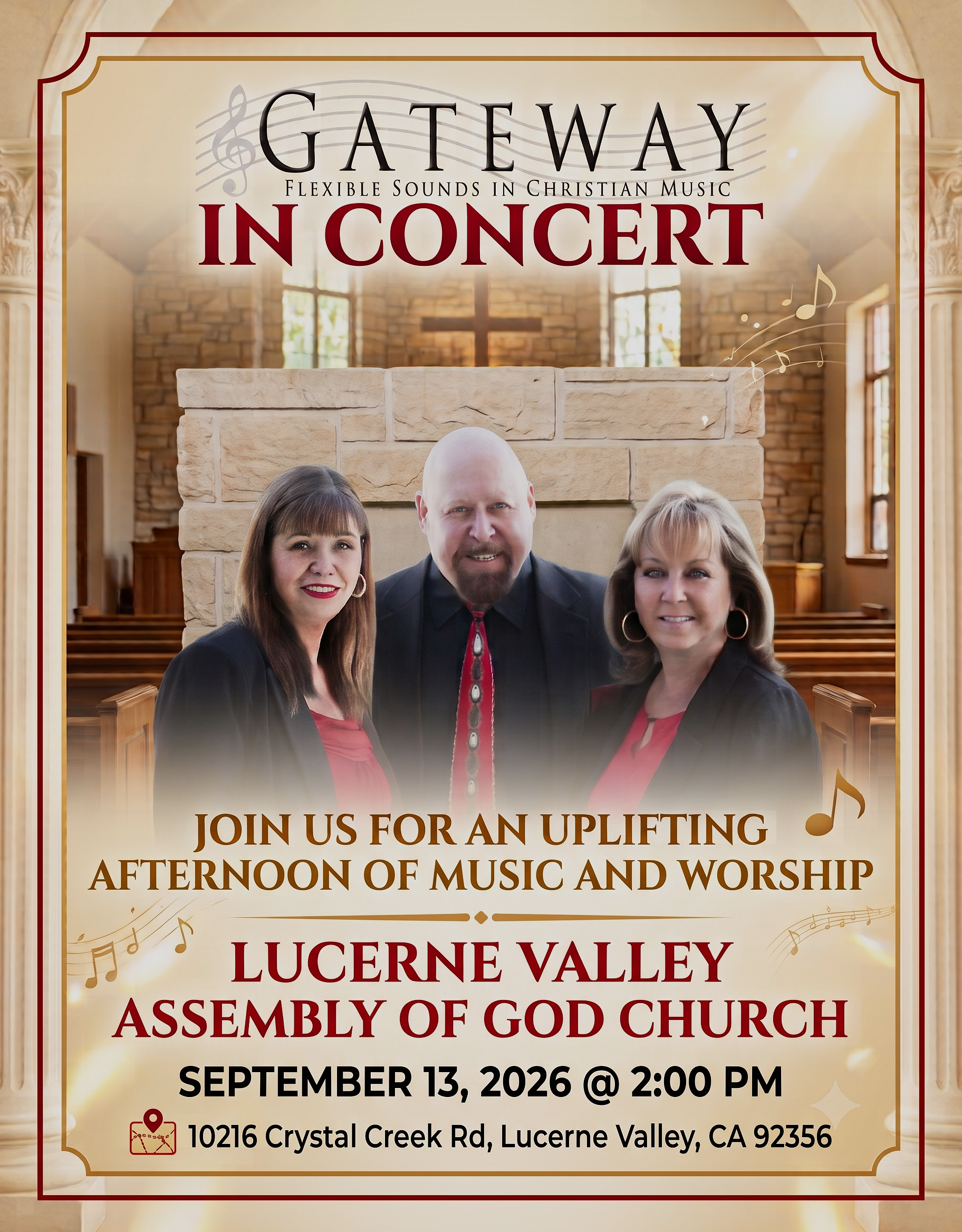 Flyer for a church concert by the Lucerne Valley Assembly of God Church, scheduled for September 13, 2026, at 2:00 PM at 10216 Crystal Creek Rd, Lucerne Valley, CA 92356.