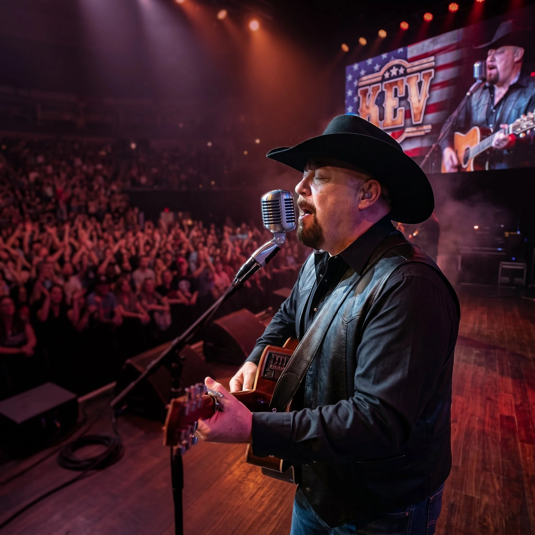 A man wearing a cowboy hat and a black leather jacket singing into a vintage microphone at a country music concert. He is playing an acoustic guitar, and in the background, another man is playing an electric guitar on stage with American flag and the letters 'KCV' displayed behind him. The audience is visible in the dimly lit venue.