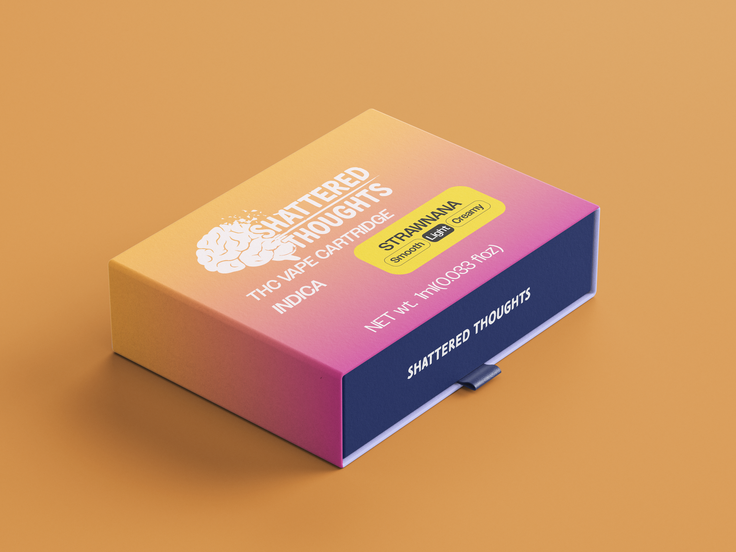 Colorful box labeled 'Shattered Thoughts THC Vape Cartridge' in indica strain 'Strawberry' flavor, with descriptions 'Smooth, Light, Creamy', on a orange background.