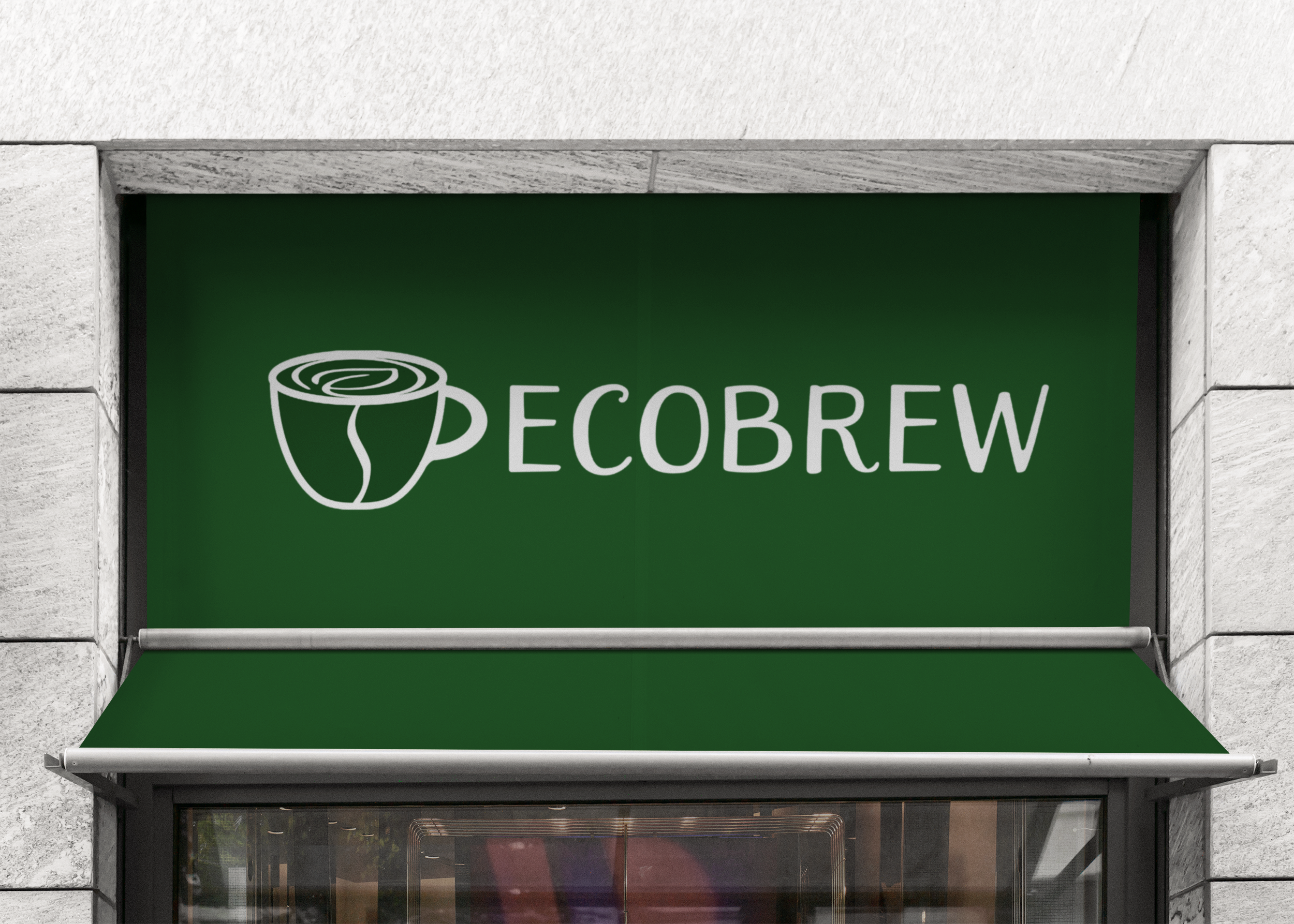 Sign with a drawing of a coffee cup and the text 'ECOBREW' on a green background