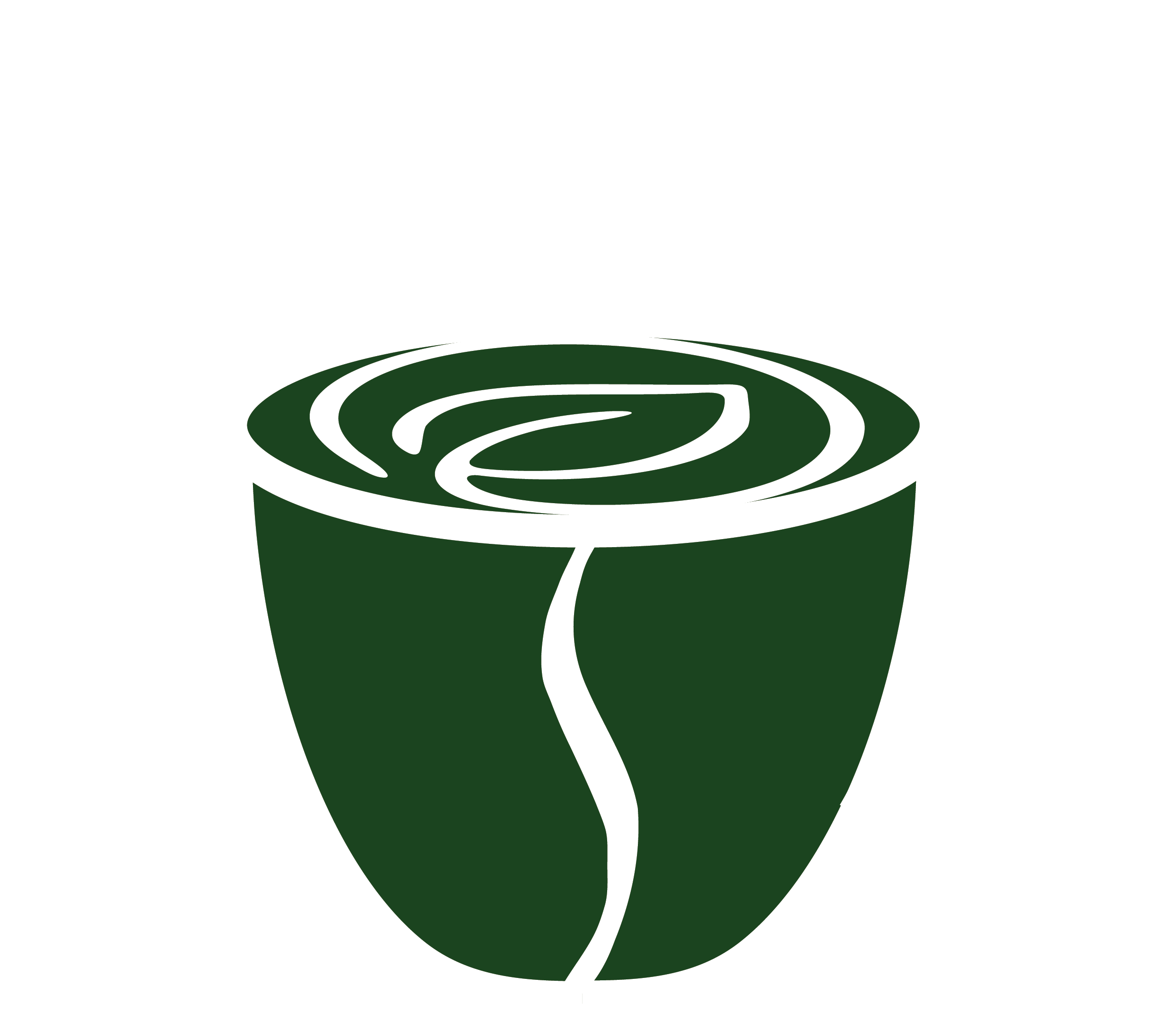 A logo featuring the word 'ECOBREW' in large white letters above an illustration of a green coffee cup with a swirl pattern, outlined in white, on a black background.