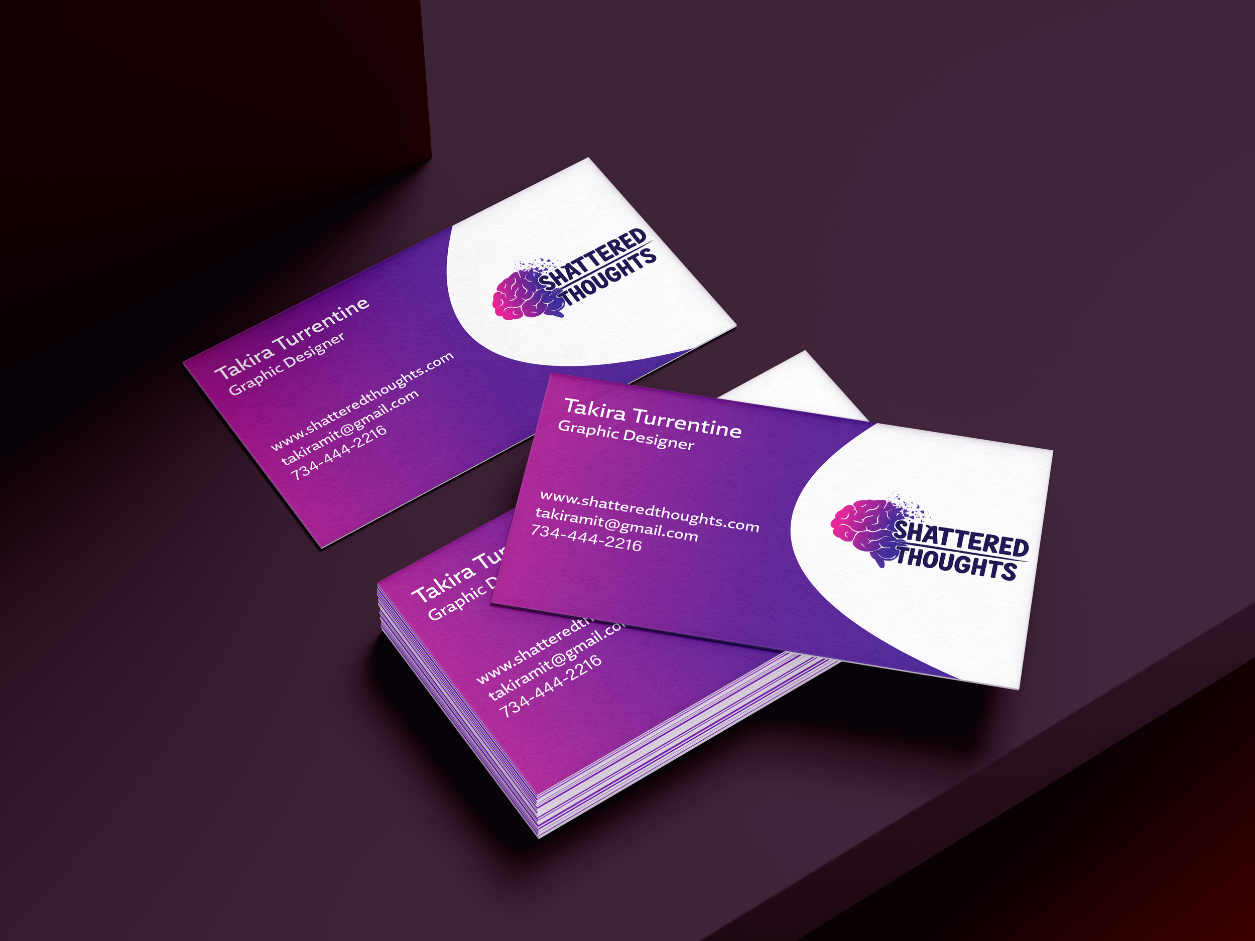 Business cards for Takira Turrentine, graphic designer, with the logo 'Shattered Thoughts' featuring a purple and pink brain illustration.