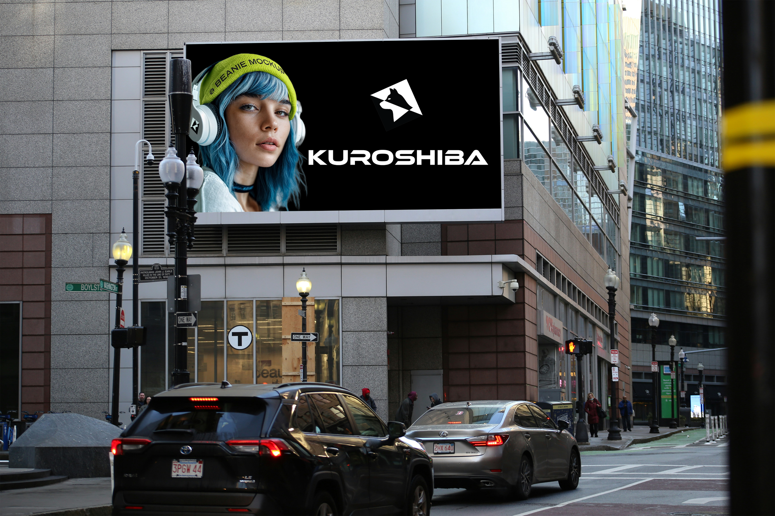 Digital billboard on a city street showing a woman with blue hair wearing headphones and a neon green beanie, alongside the text 'KUROSHIBA' and a stylized logo.