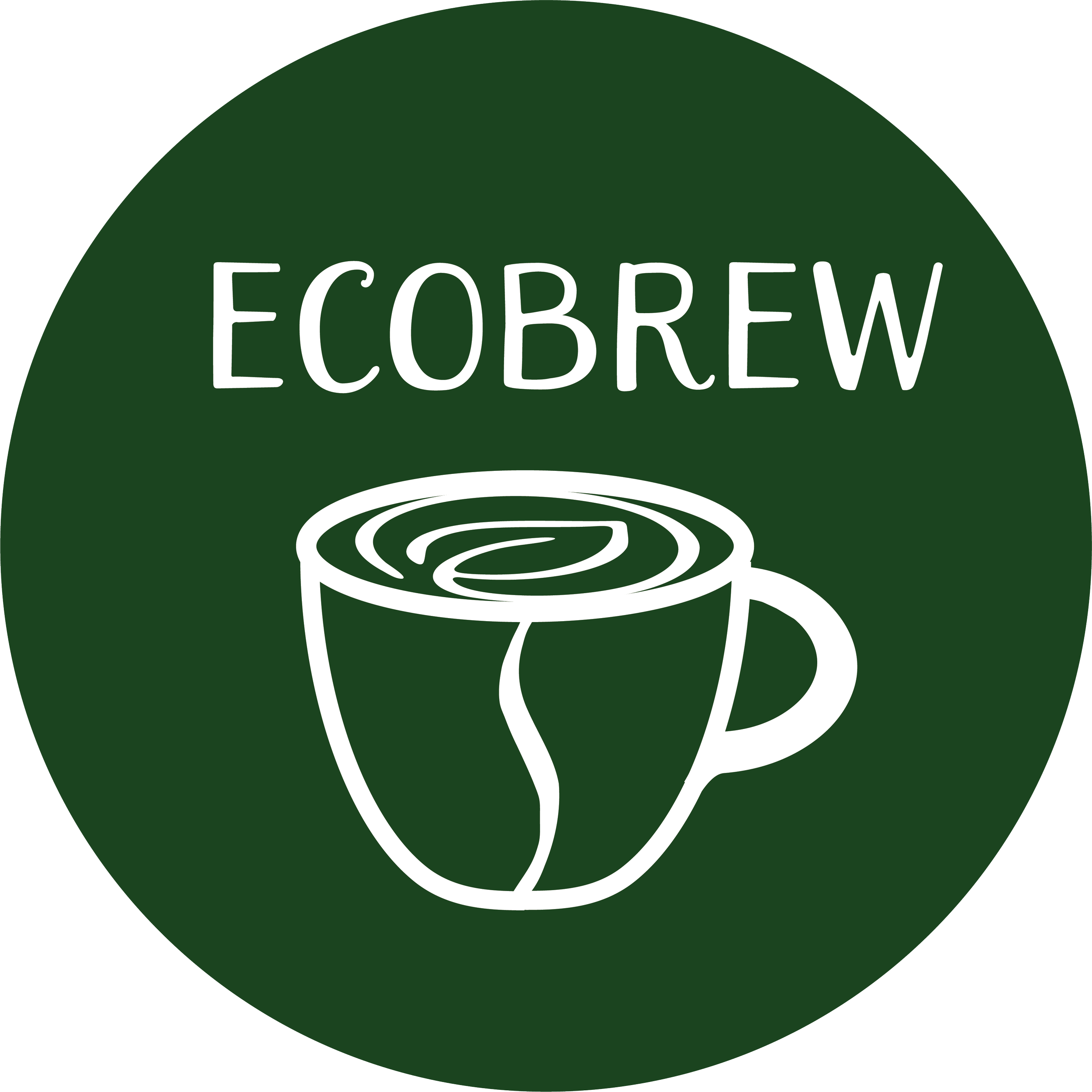 Green circular logo with white outline of a coffee mug with steam and the word 'ECOBREW' above it.