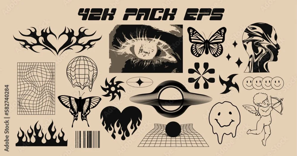 A collection of black and white tattoo-style graphics, illustrations, and symbols including a tribal heart, eye, butterfly, profile head, smiling tooth, cherub with bow, flames, barcode, planet with rings, and various abstract shapes.