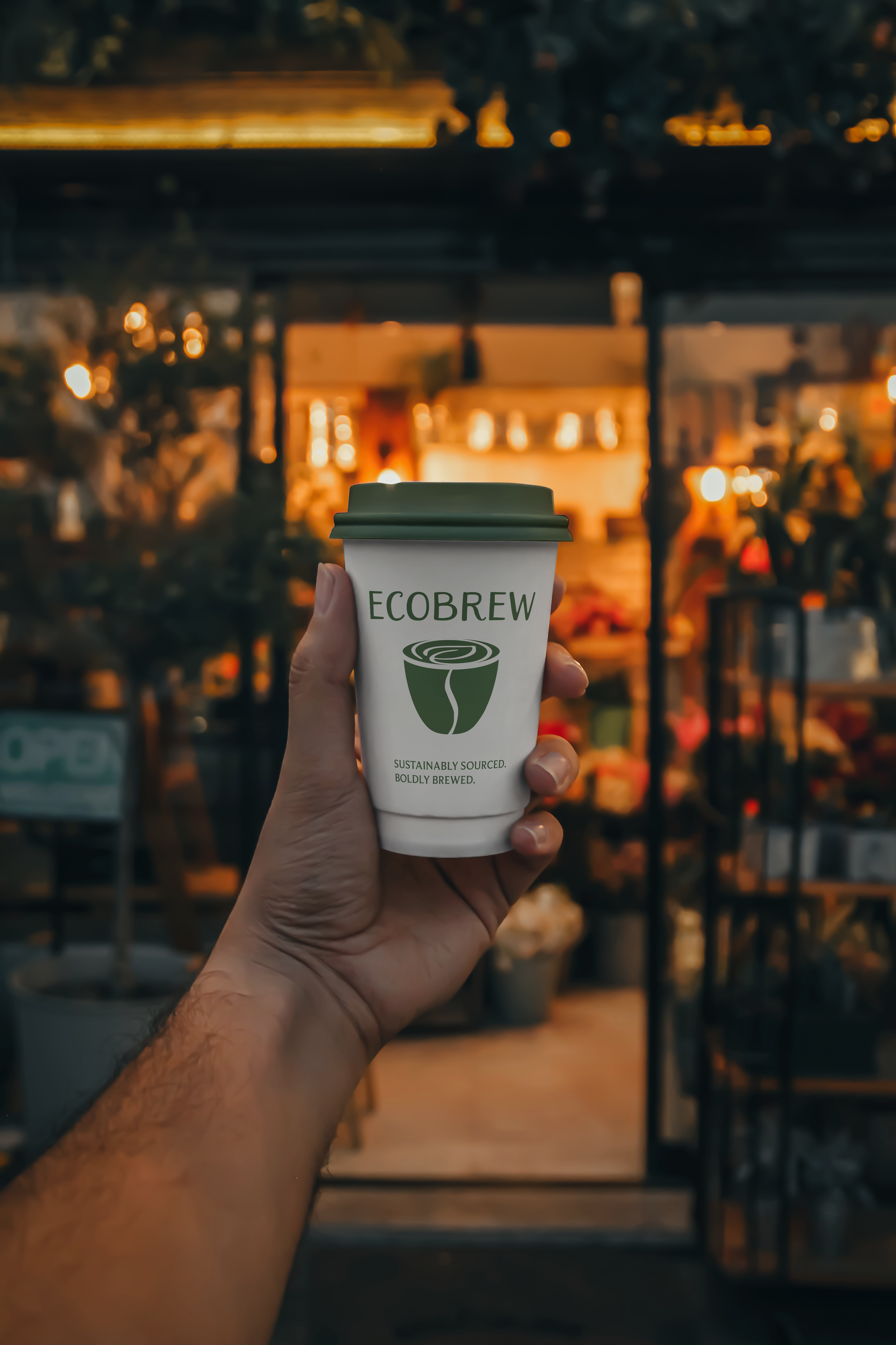 Person holding a to-go coffee cup with EcoBrew branding in front of a warmly lit indoor shop or café.