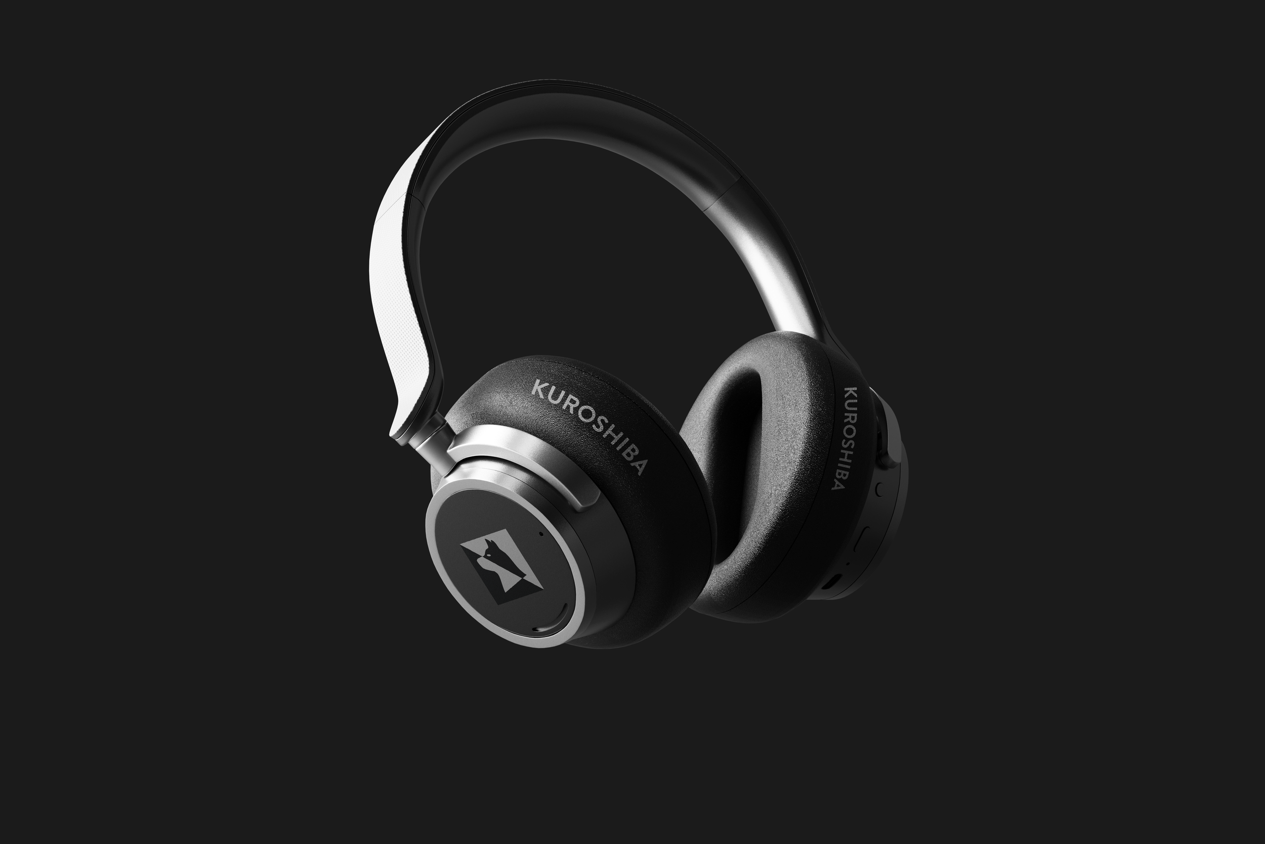 Black over-ear wireless headphones with silver accents and a logo on the ear cup, set against a dark background.